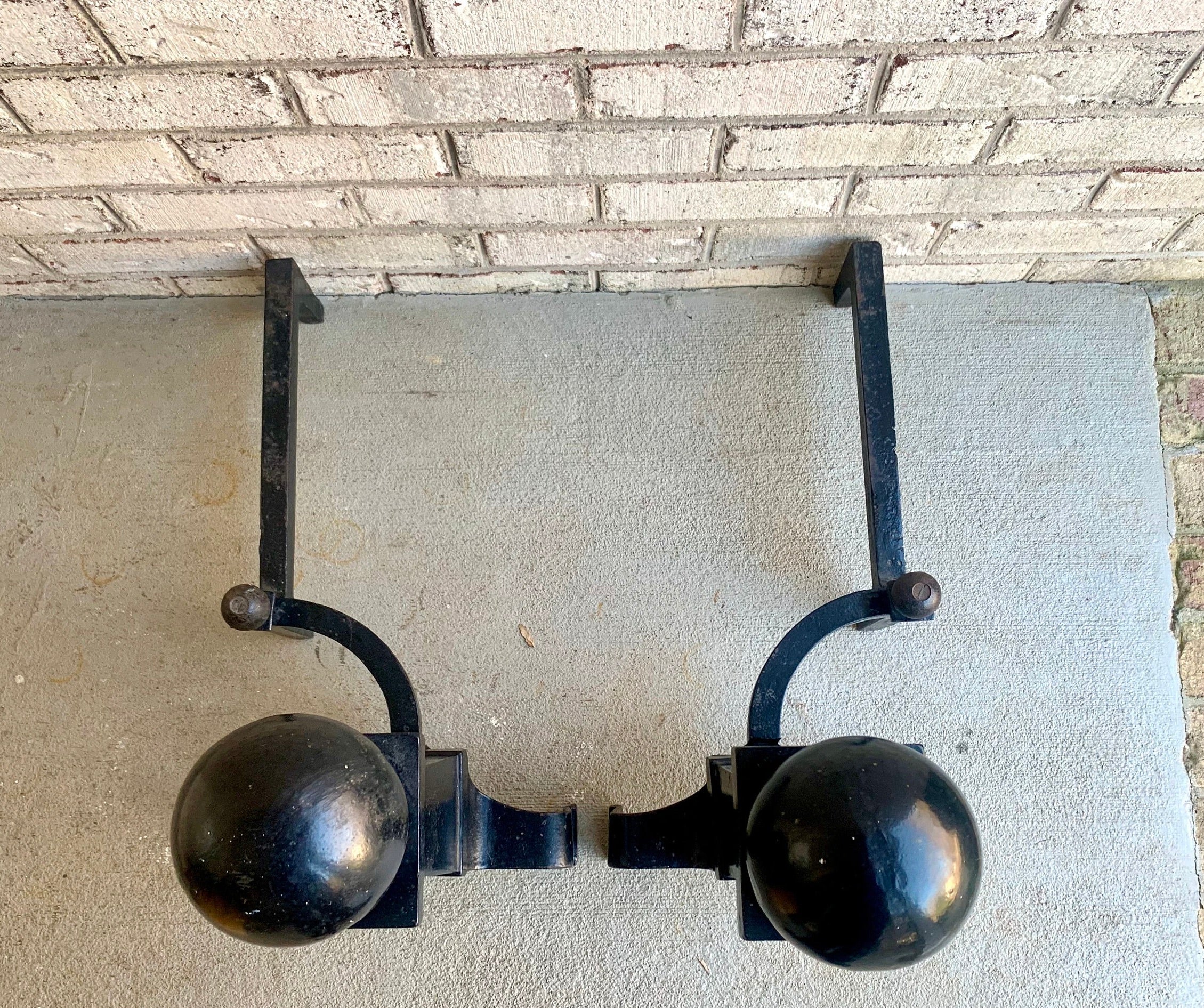 Antique Cannonball Cast Iron Andirons | Large Cannonball Firedogs | 20" Heavy Large Andirons
