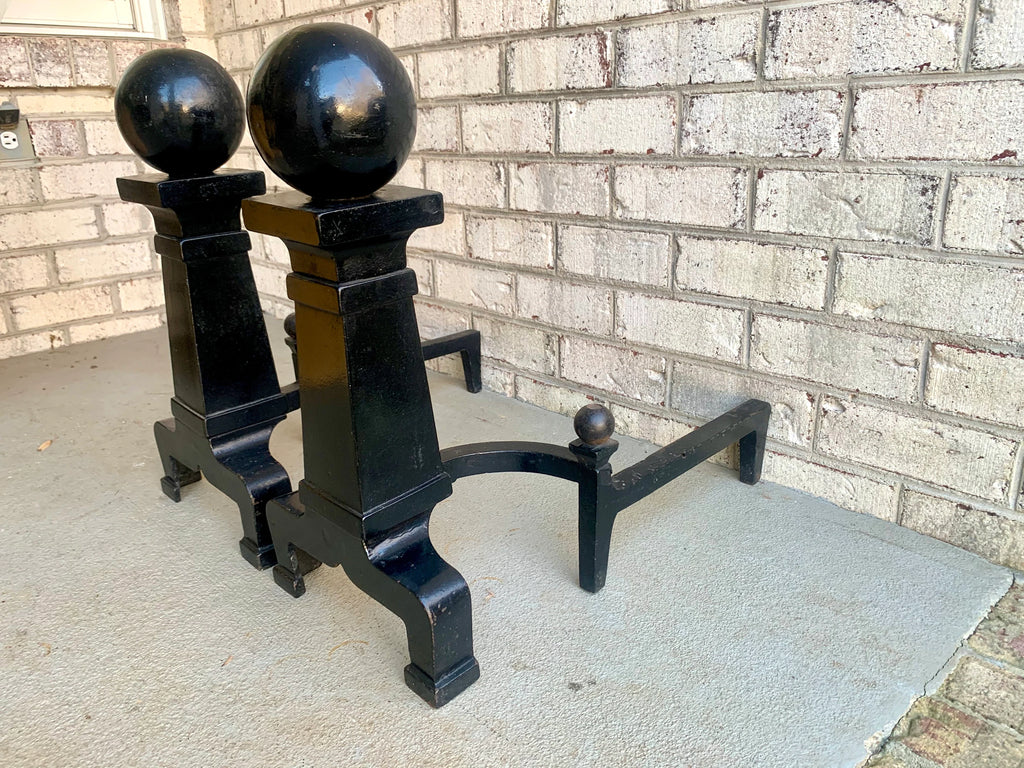 Antique Cannonball Cast Iron Andirons | Large Cannonball Firedogs | 20" Heavy Large Andirons