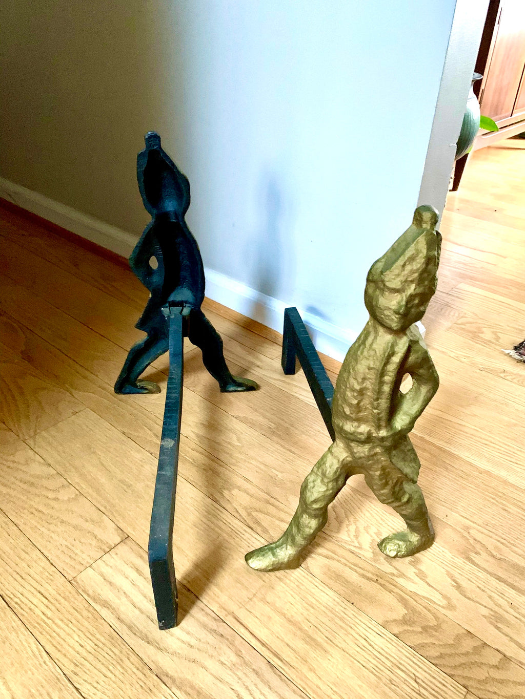 Antique Hessian Soldier Cast Iron Andirons | Brass Toned Cast Iron Hessian Soldier Firedogs | 17" Heavy Large Andirons