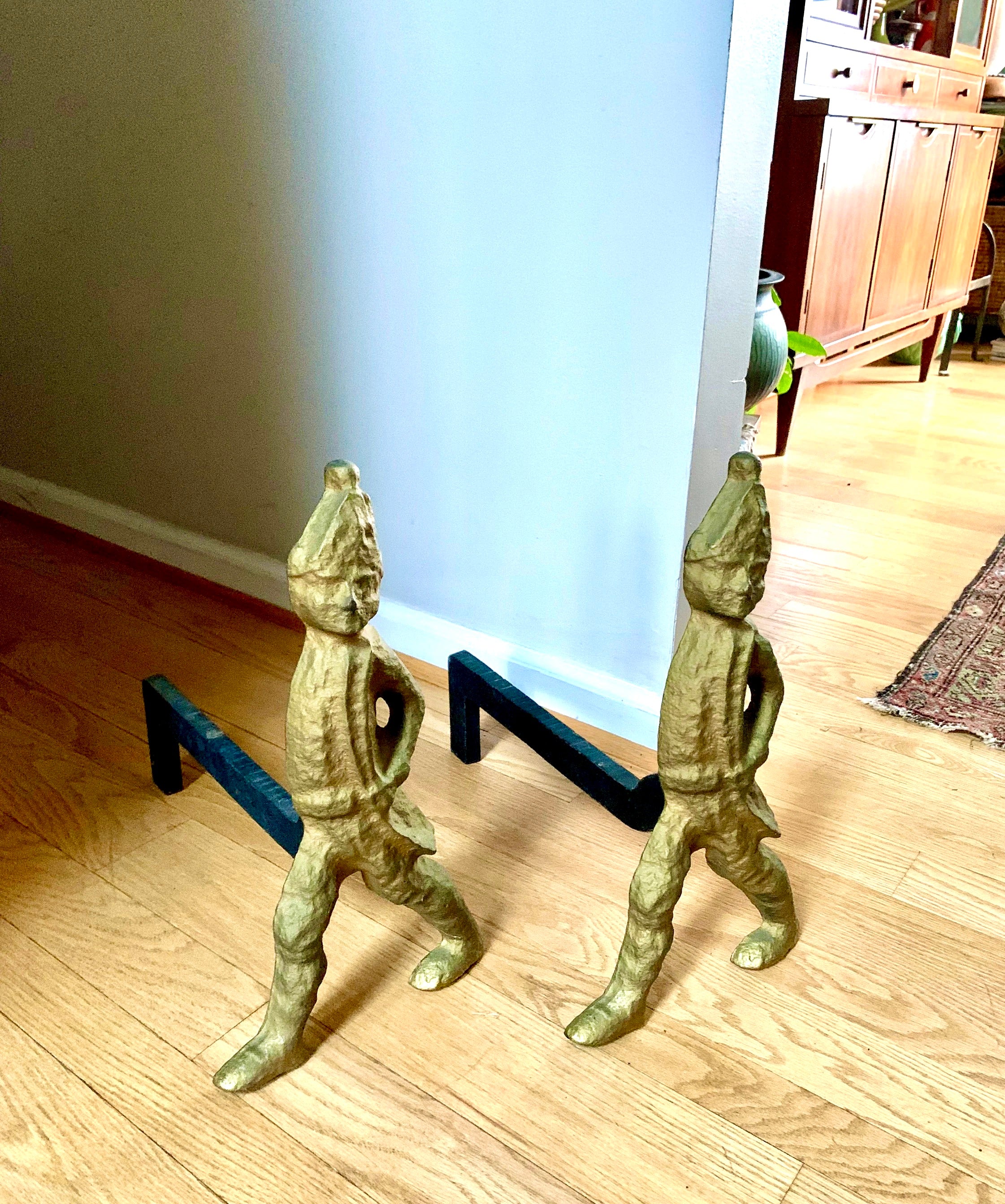 Antique Hessian Soldier Cast Iron Andirons | Brass Toned Cast Iron Hessian Soldier Firedogs | 17" Heavy Large Andirons