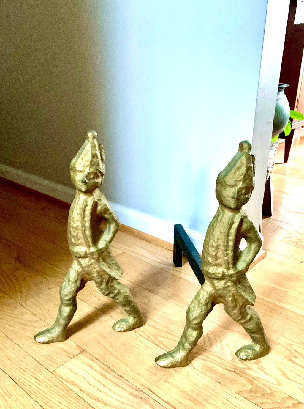 Antique Hessian Soldier Cast Iron Andirons | Brass Toned Cast Iron Hessian Soldier Firedogs | 17" Heavy Large Andirons