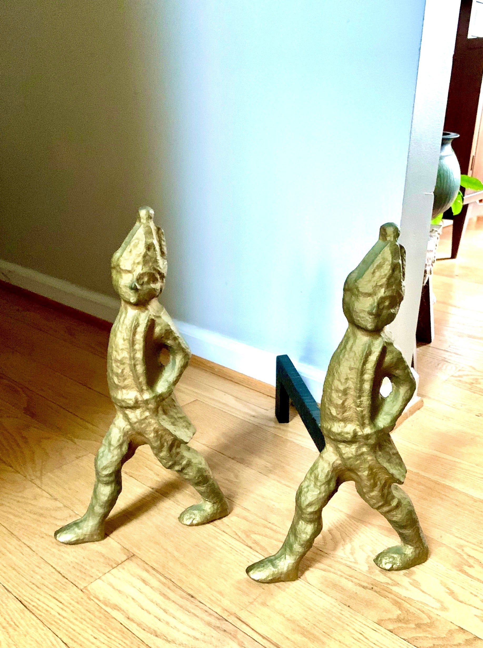 Antique Hessian Soldier Cast Iron Andirons | Brass Toned Cast Iron Hessian Soldier Firedogs | 17" Heavy Large Andirons