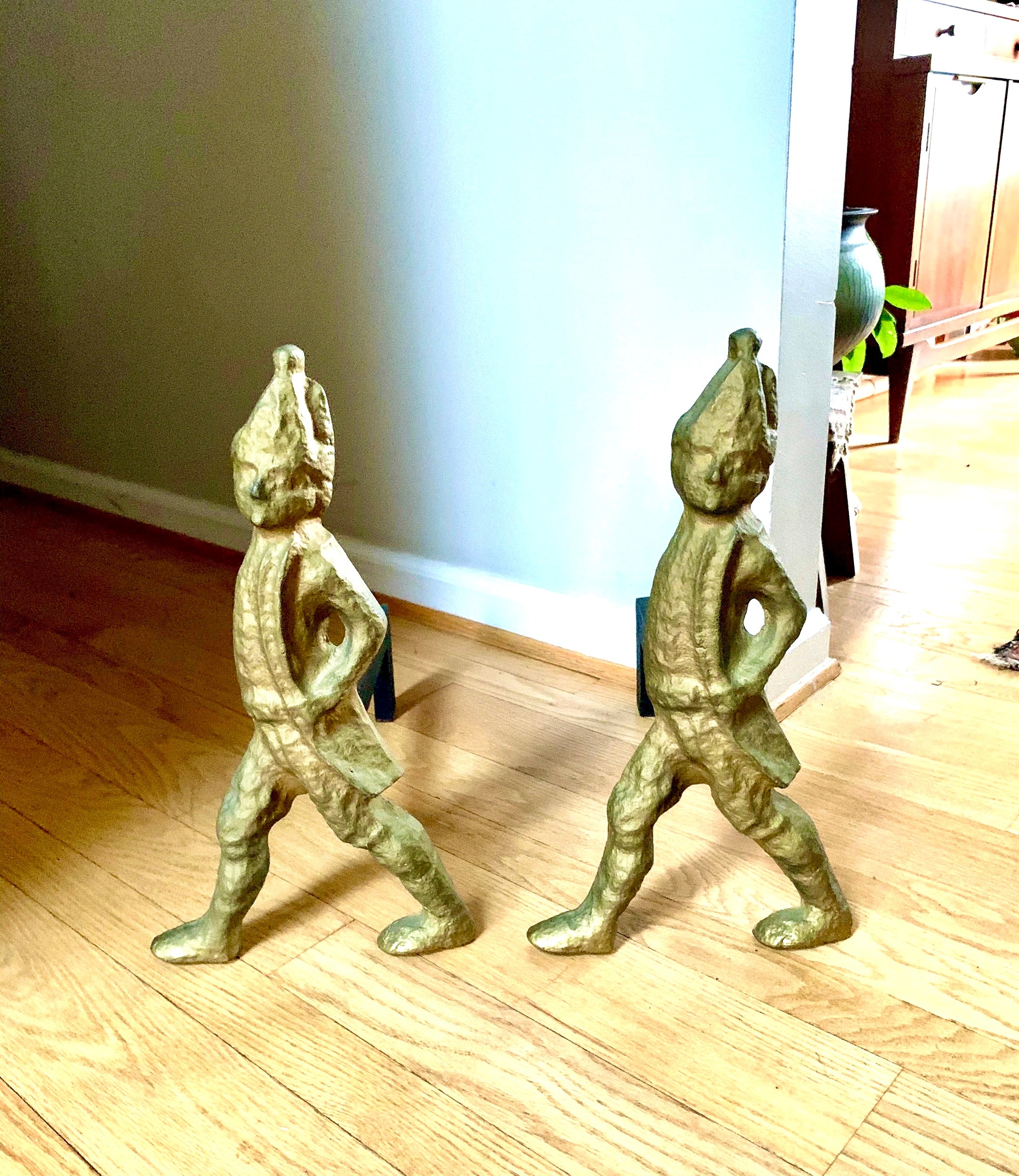 Antique Hessian Soldier Cast Iron Andirons | Brass Toned Cast Iron Hessian Soldier Firedogs | 17" Heavy Large Andirons
