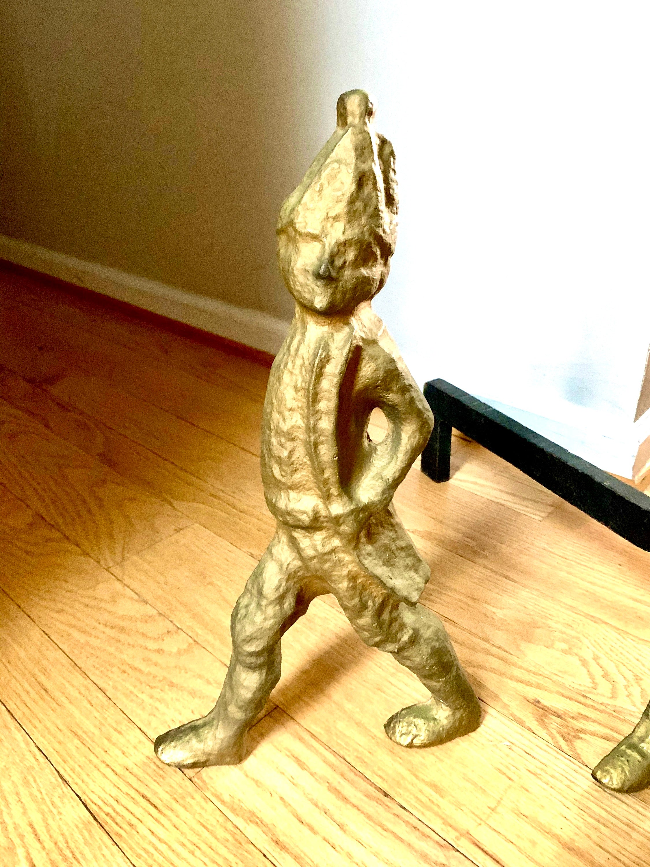 Antique Hessian Soldier Cast Iron Andirons | Brass Toned Cast Iron Hessian Soldier Firedogs | 17" Heavy Large Andirons