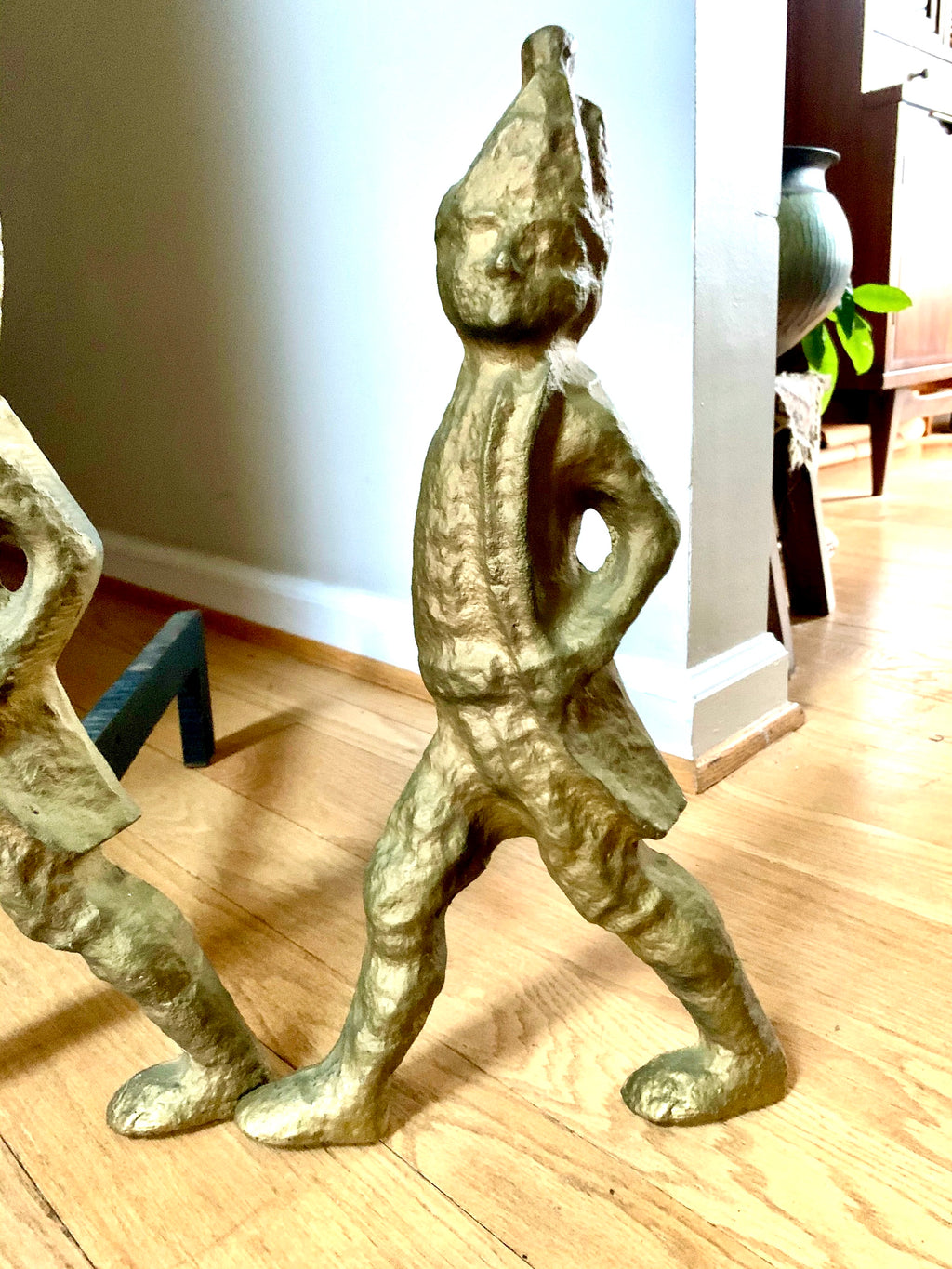 Antique Hessian Soldier Cast Iron Andirons | Brass Toned Cast Iron Hessian Soldier Firedogs | 17" Heavy Large Andirons