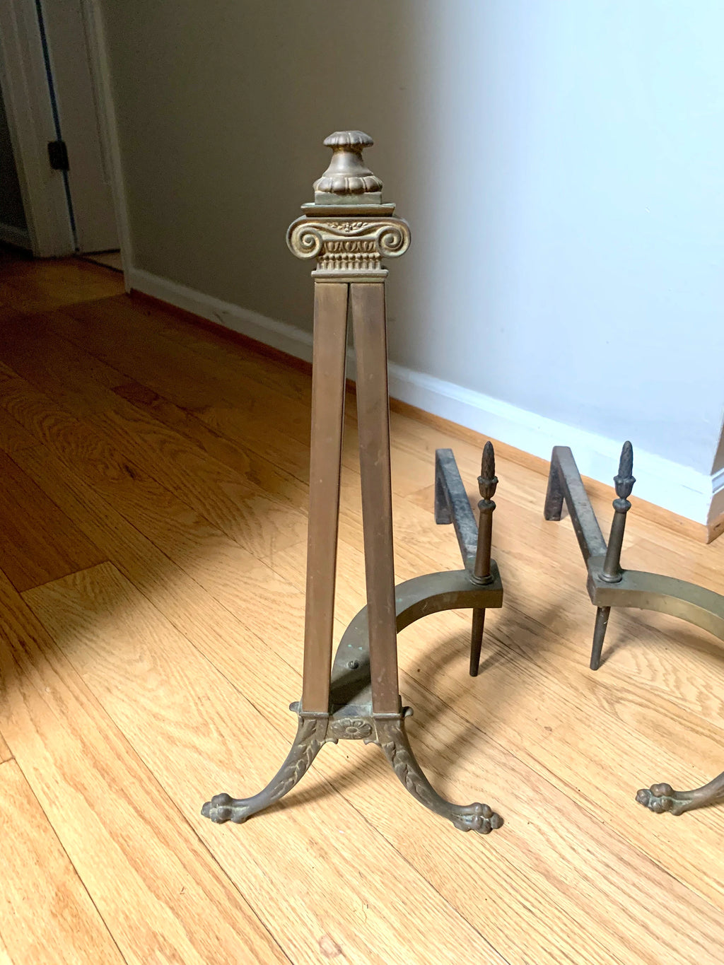 Antique Decorative Ornate Andirons | Distressed Brass Andirons | Pair Of Rustic Andirons | Patina Brass Firedogs