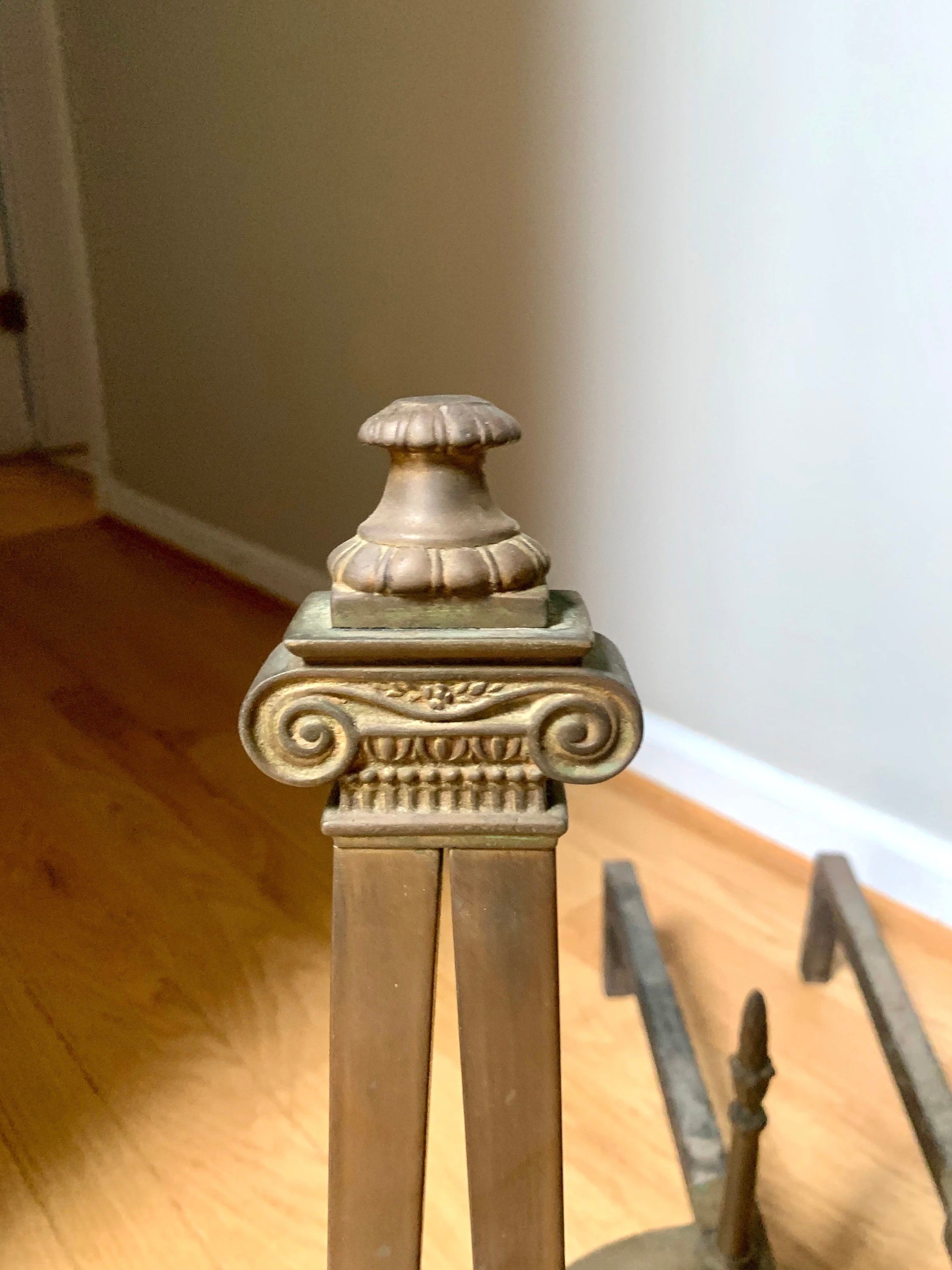 Antique Decorative Ornate Andirons | Distressed Brass Andirons | Pair Of Rustic Andirons | Patina Brass Firedogs