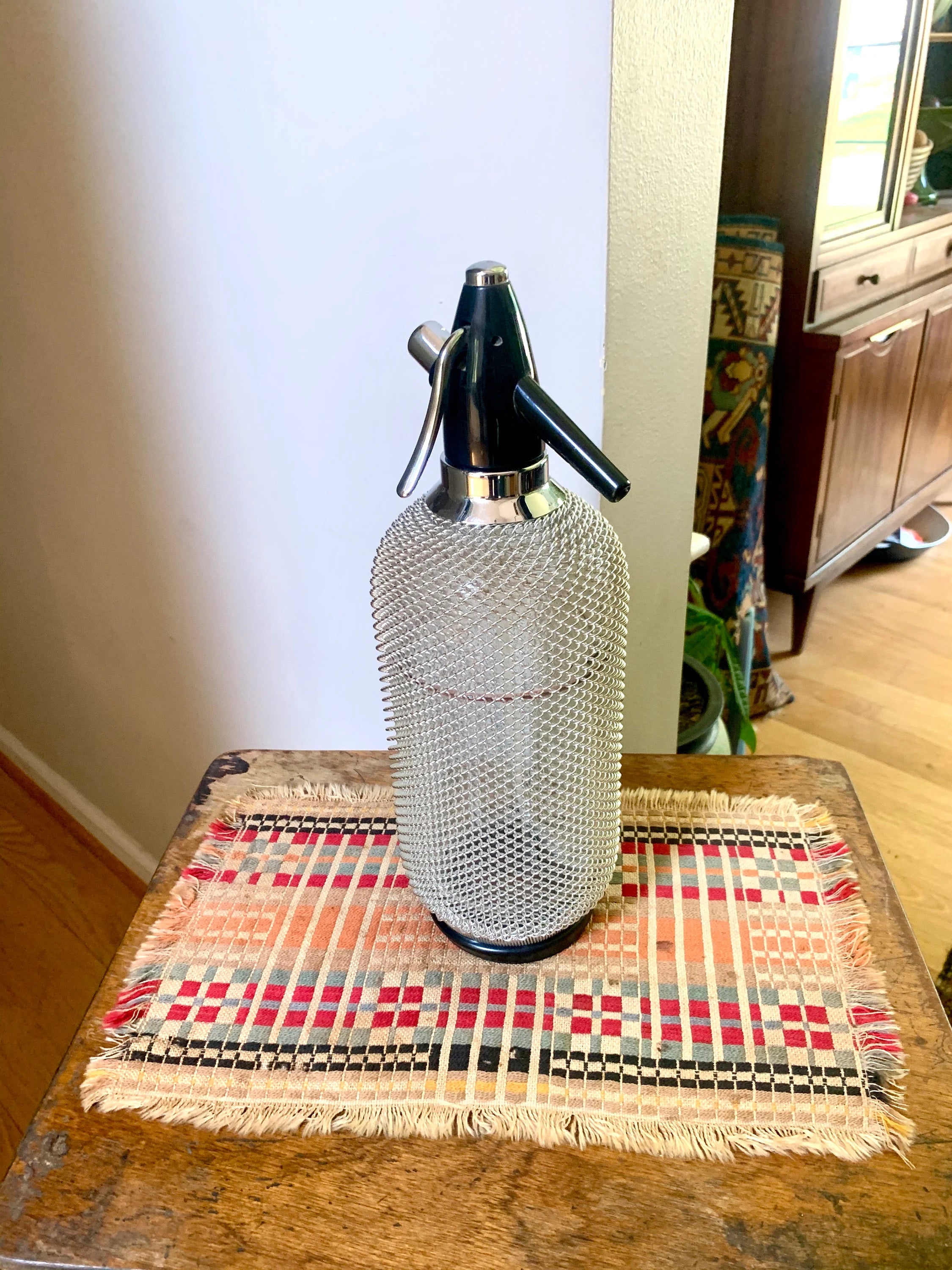 Vintage Czech Syphon Seltzer Bottle | Retro Bar Decor | Soda Syphon | Metal Mesh Seltzer Bottle | Mad Men Decor | Retro Barware