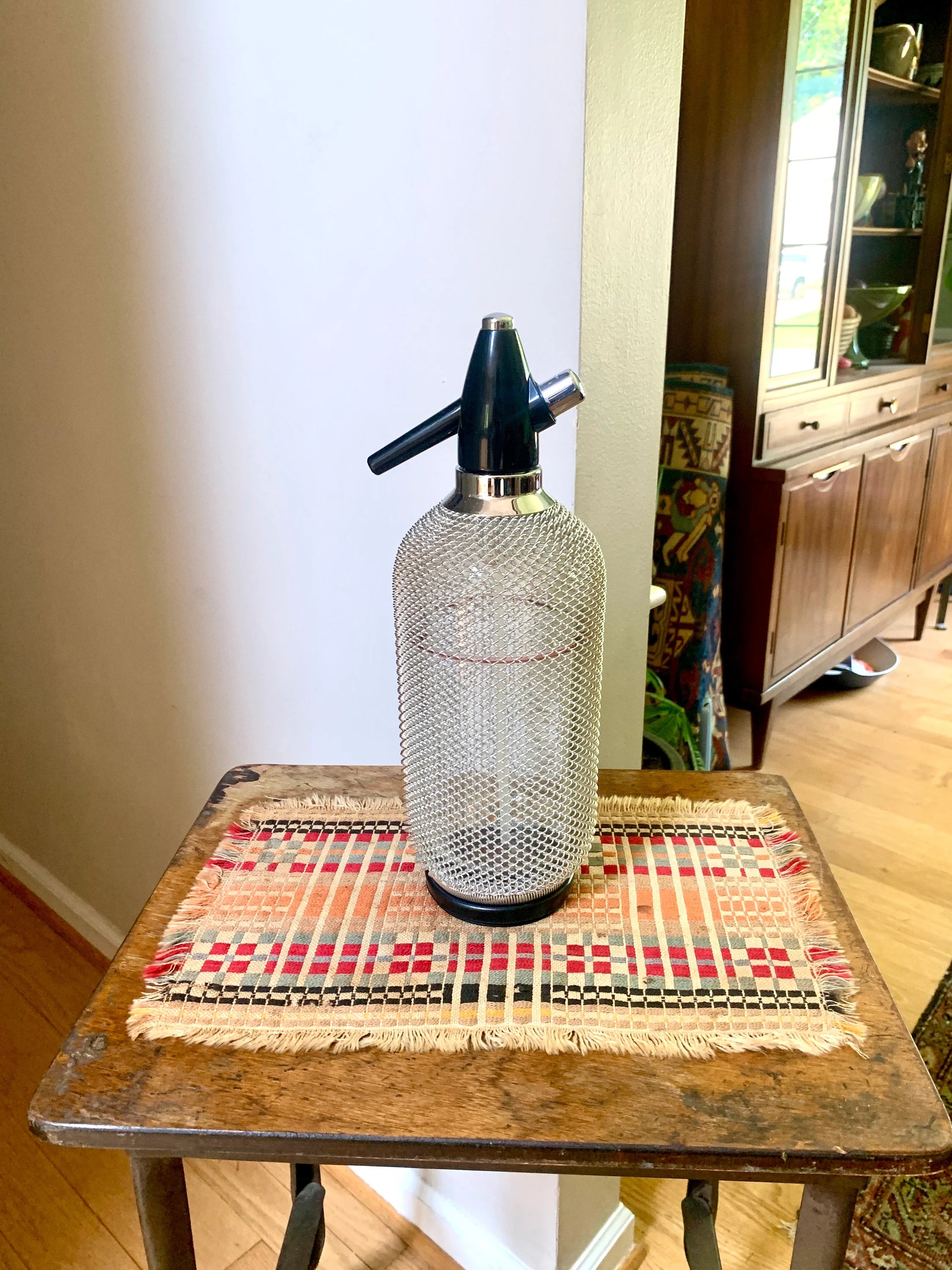 Vintage Czech Syphon Seltzer Bottle | Retro Bar Decor | Soda Syphon | Metal Mesh Seltzer Bottle | Mad Men Decor | Retro Barware