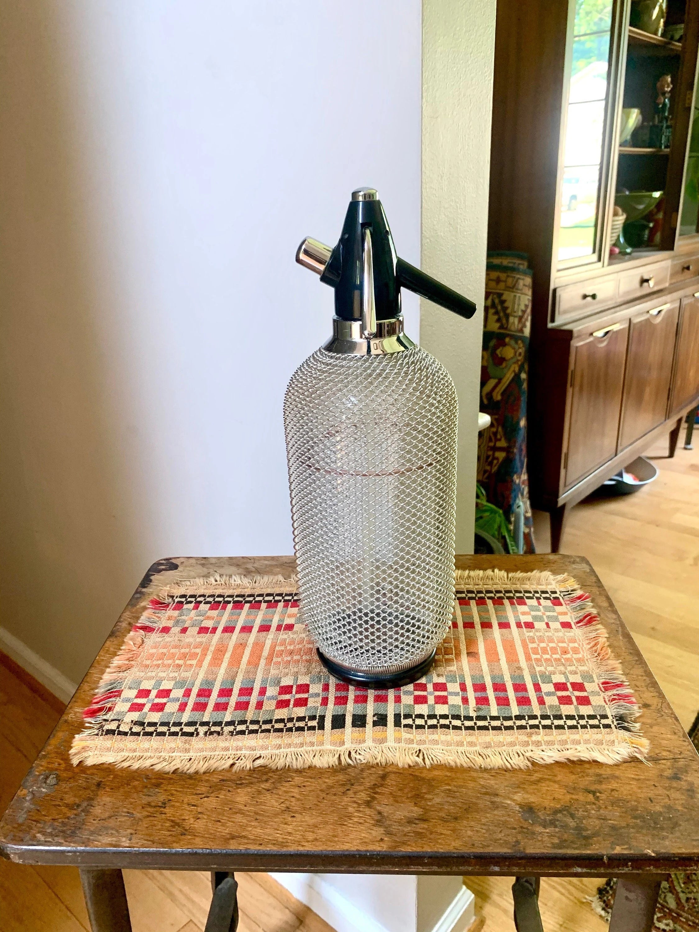 Vintage Czech Syphon Seltzer Bottle | Retro Bar Decor | Soda Syphon | Metal Mesh Seltzer Bottle | Mad Men Decor | Retro Barware