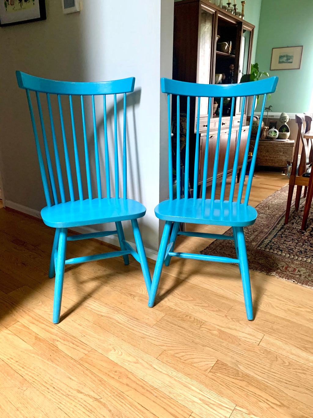 Two Blue Tall Windsor Chairs | Crinkle Painted Windsor Chairs | Matching Blue Tall Back Chairs | Pair of Tall Fan Back Chairs |Dining Chairs