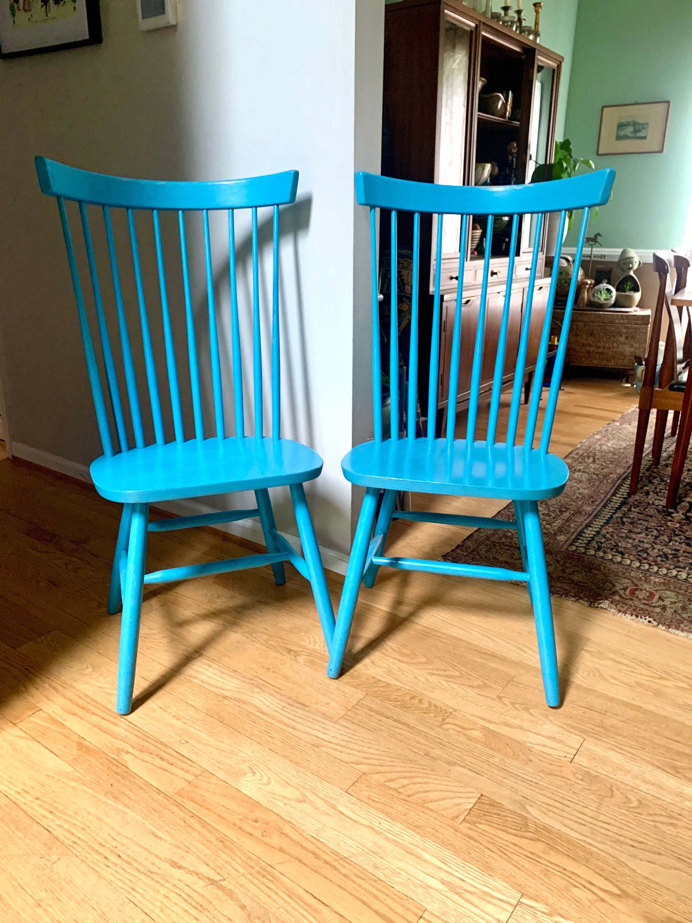 Two Blue Tall Windsor Chairs | Crinkle Painted Windsor Chairs | Matching Blue Tall Back Chairs | Pair of Tall Fan Back Chairs |Dining Chairs