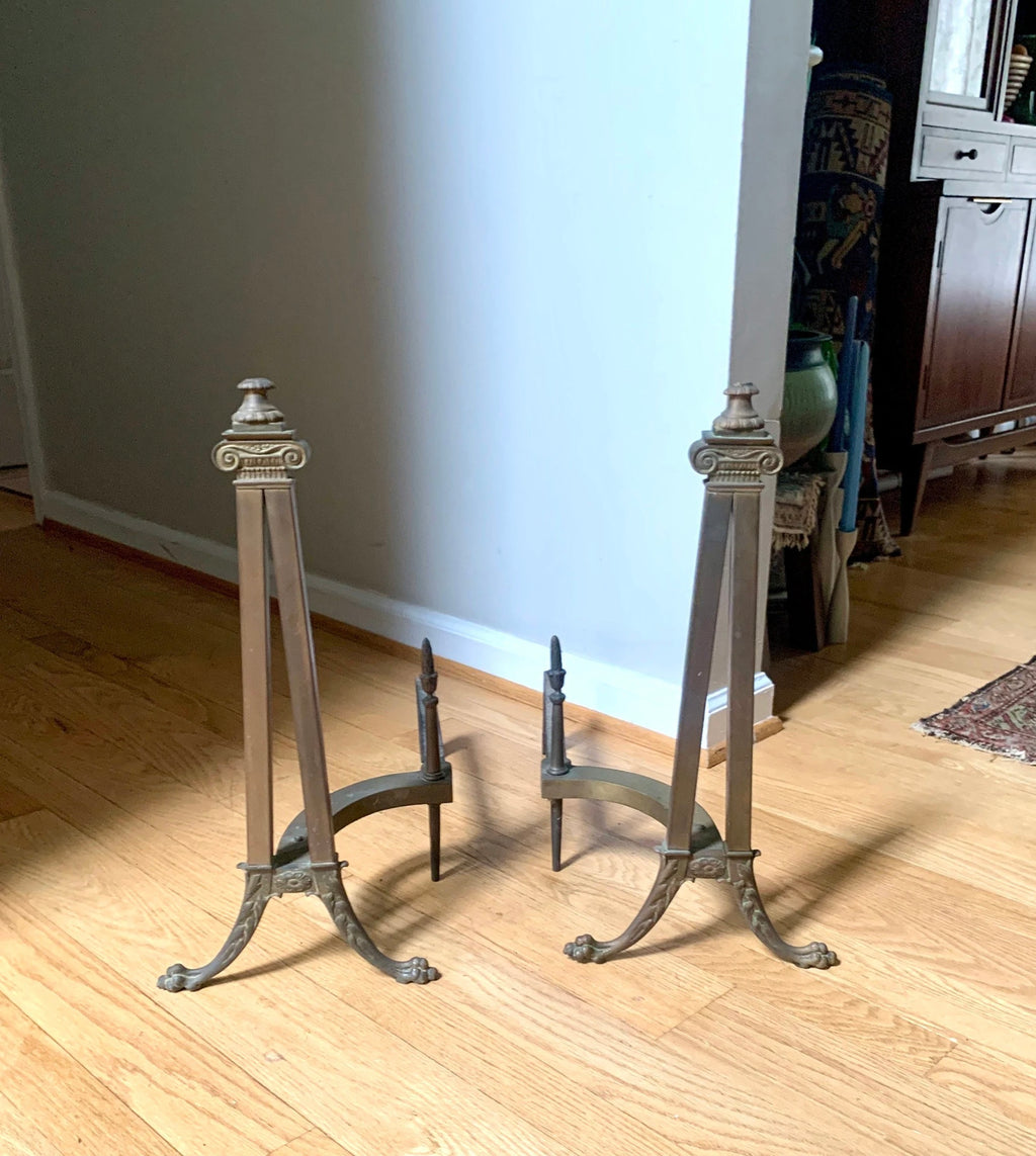 Antique Decorative Ornate Andirons | Distressed Brass Andirons | Pair Of Rustic Andirons | Patina Brass Firedogs