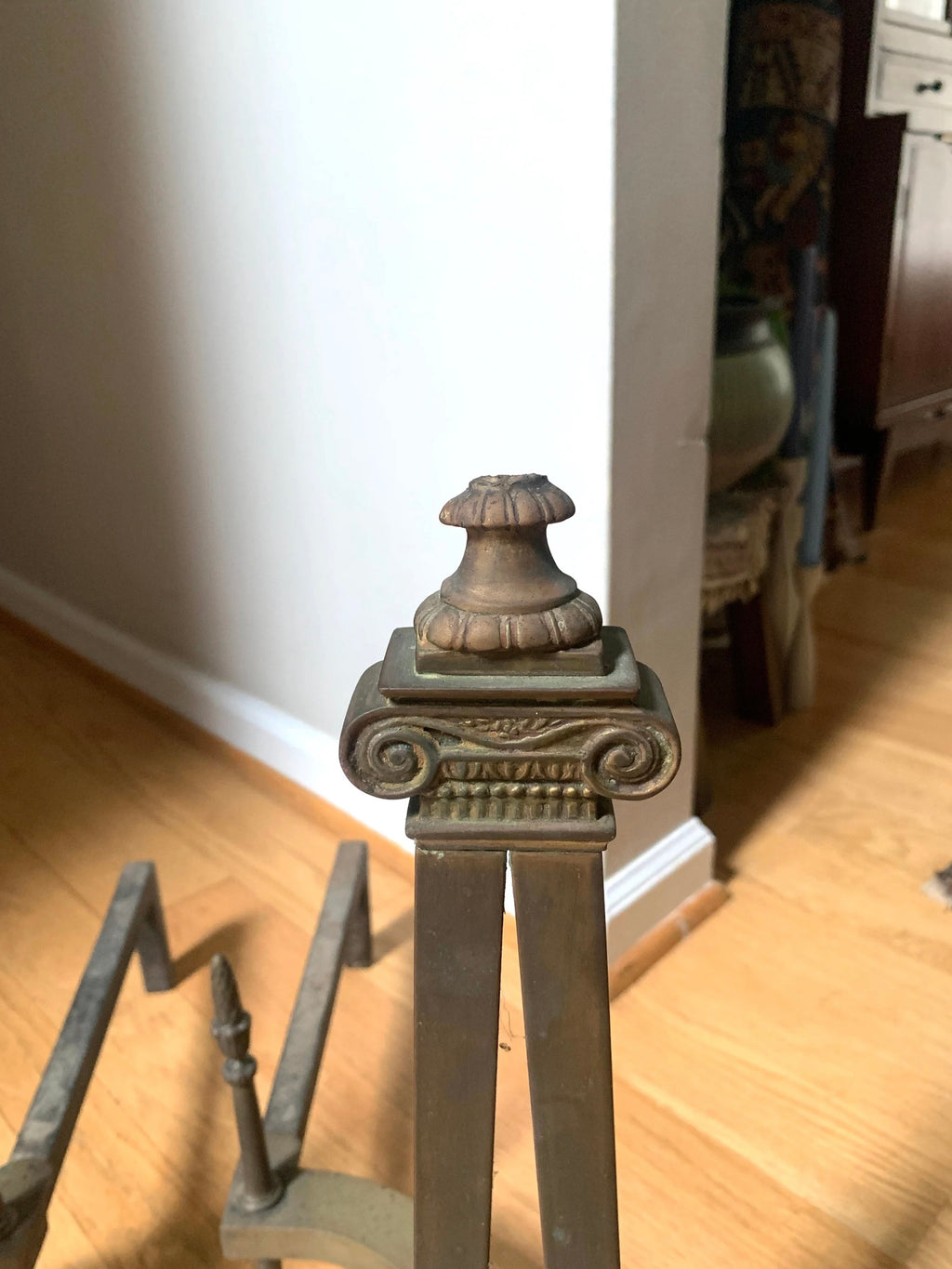 Antique Decorative Ornate Andirons | Distressed Brass Andirons | Pair Of Rustic Andirons | Patina Brass Firedogs