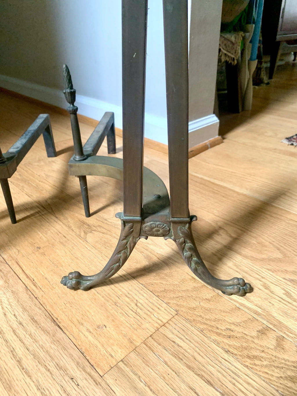 Antique Decorative Ornate Andirons | Distressed Brass Andirons | Pair Of Rustic Andirons | Patina Brass Firedogs