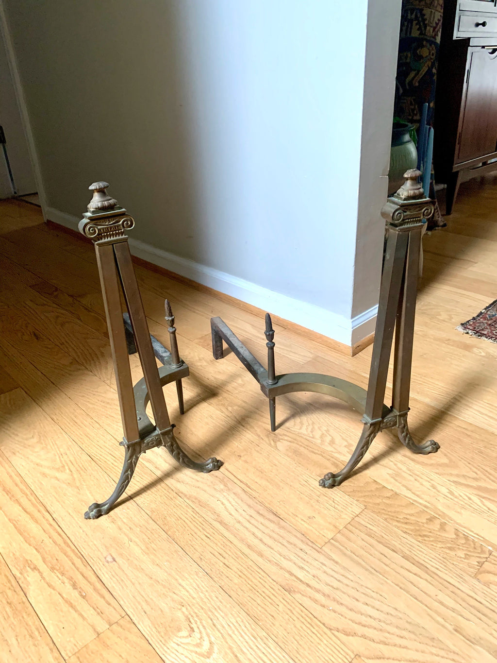 Antique Decorative Ornate Andirons | Distressed Brass Andirons | Pair Of Rustic Andirons | Patina Brass Firedogs