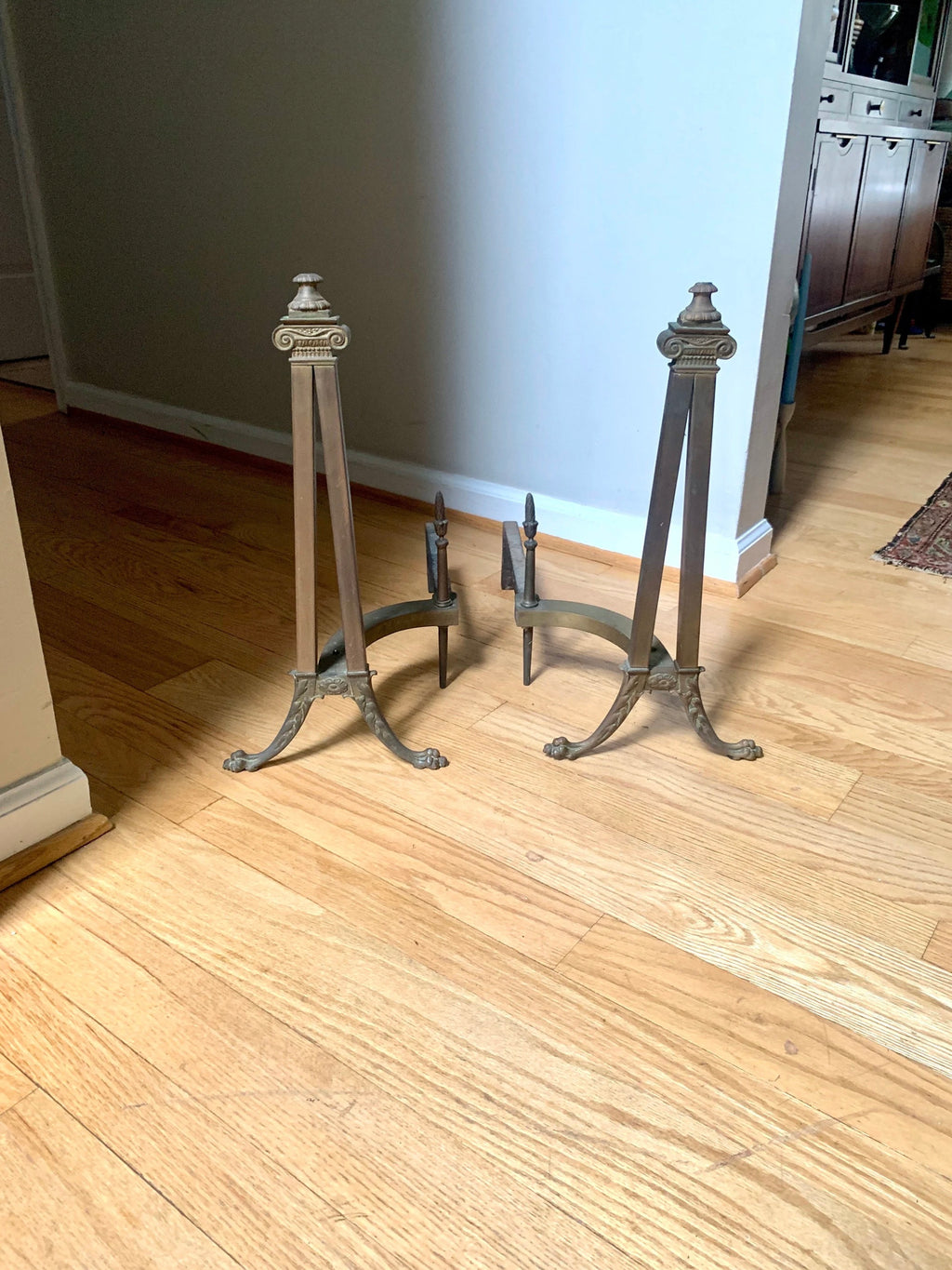 Antique Decorative Ornate Andirons | Distressed Brass Andirons | Pair Of Rustic Andirons | Patina Brass Firedogs