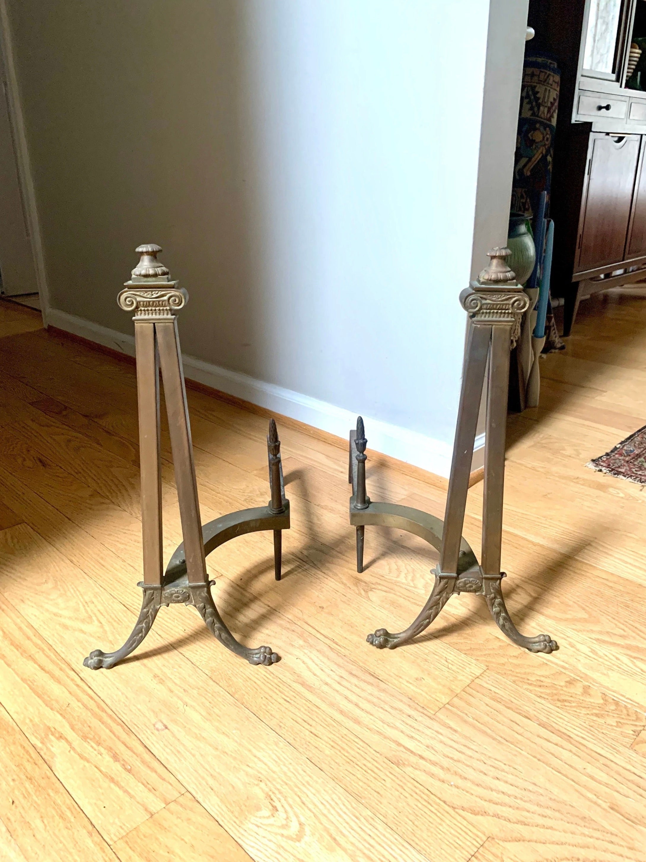 Antique Decorative Ornate Andirons | Distressed Brass Andirons | Pair Of Rustic Andirons | Patina Brass Firedogs