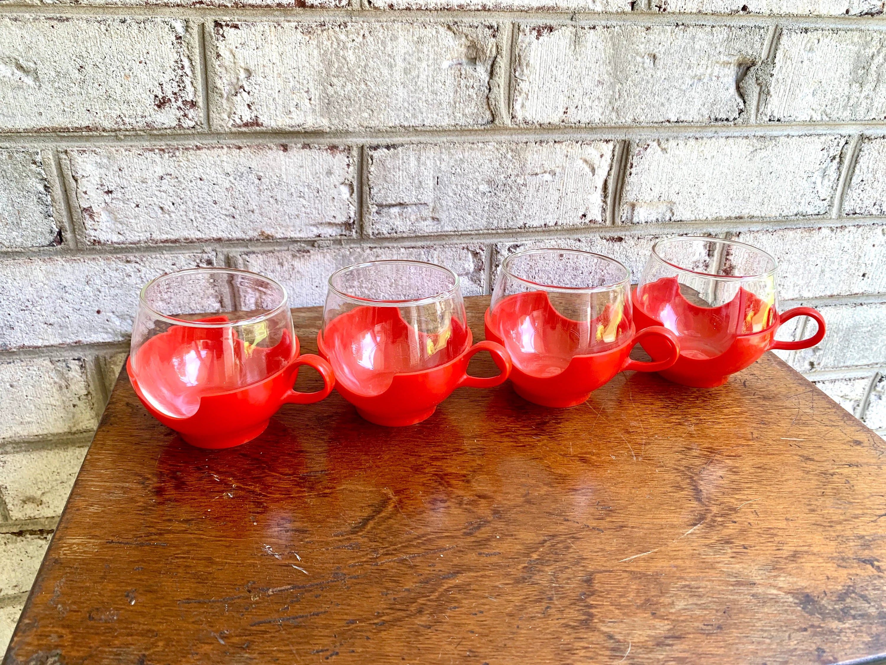 Vtg Pyrex Hot and Cold Drinkup Cups | Red Pyrex Drinkup Cups | Mid Century Pyrex Ware Cups | Vintage Camper Cups