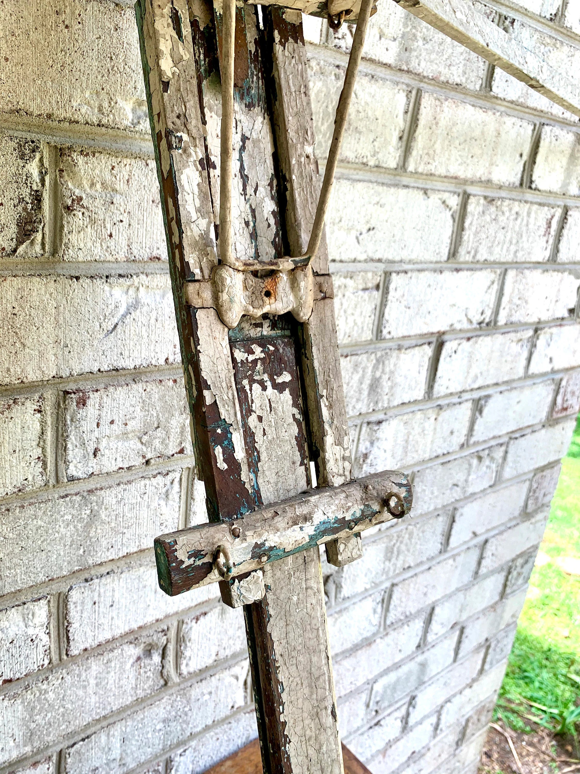 Late 1800's Distressed Clothes Drying Rack | L. Hopkins Wall Hanging Clothes Rack | Wooden Armed Clothes Rack| Chippy Paint Wood Towel Rack