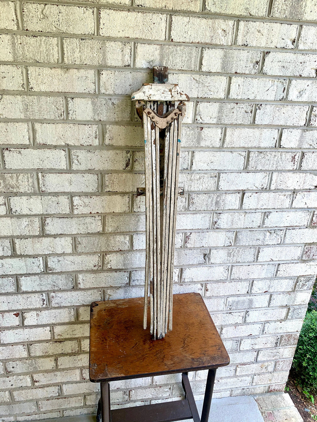 Late 1800's Distressed Clothes Drying Rack | L. Hopkins Wall Hanging Clothes Rack | Wooden Armed Clothes Rack| Chippy Paint Wood Towel Rack