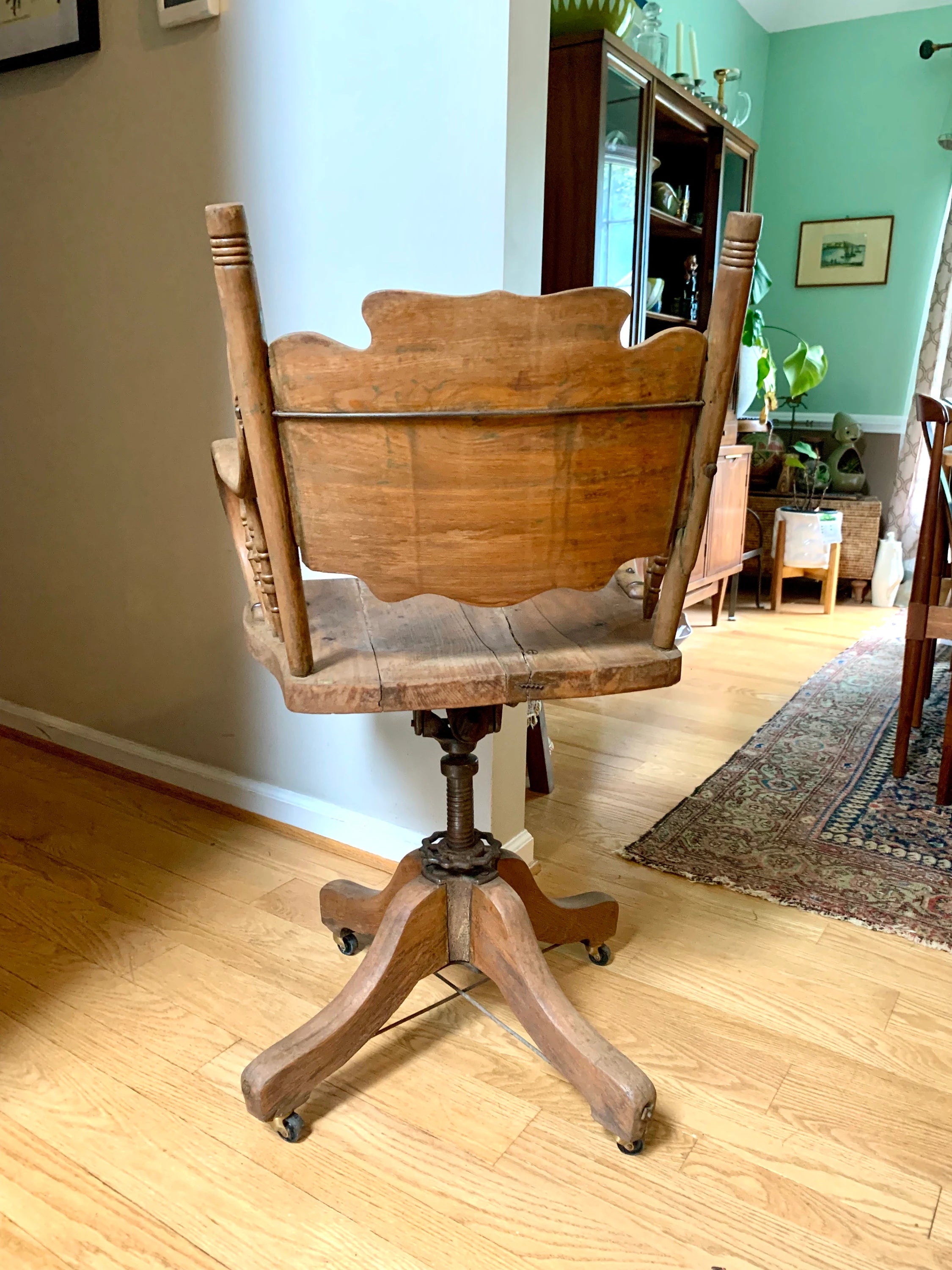 Rustic Solid Wood Desk Chair | Primitive Wooden Swivel Chair | Antique Swivel Office Chair | Distressed Adjustable Chair