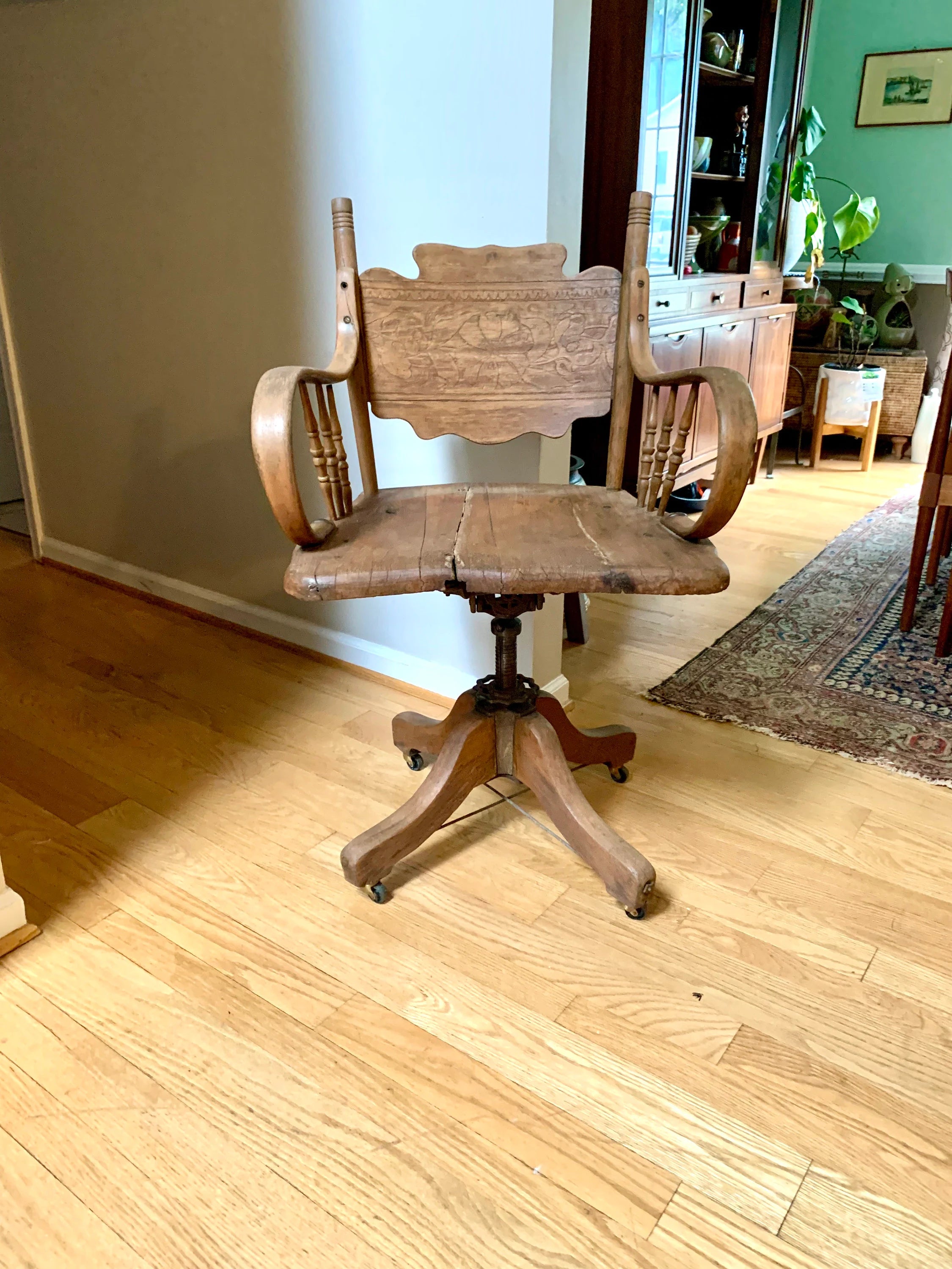 Rustic Solid Wood Desk Chair | Primitive Wooden Swivel Chair | Antique Swivel Office Chair | Distressed Adjustable Chair