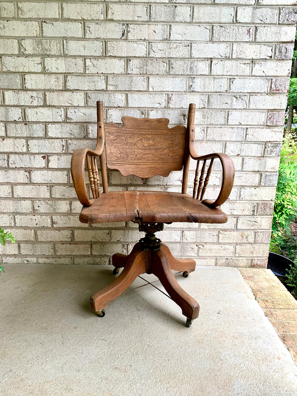 Rustic Solid Wood Desk Chair | Primitive Wooden Swivel Chair | Antique Swivel Office Chair | Distressed Adjustable Chair