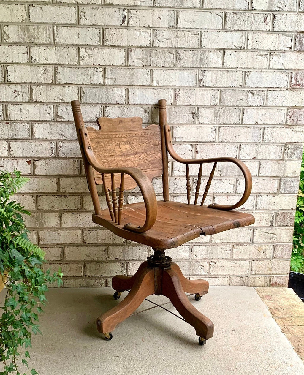 Rustic Solid Wood Desk Chair | Primitive Wooden Swivel Chair | Antique Swivel Office Chair | Distressed Adjustable Chair