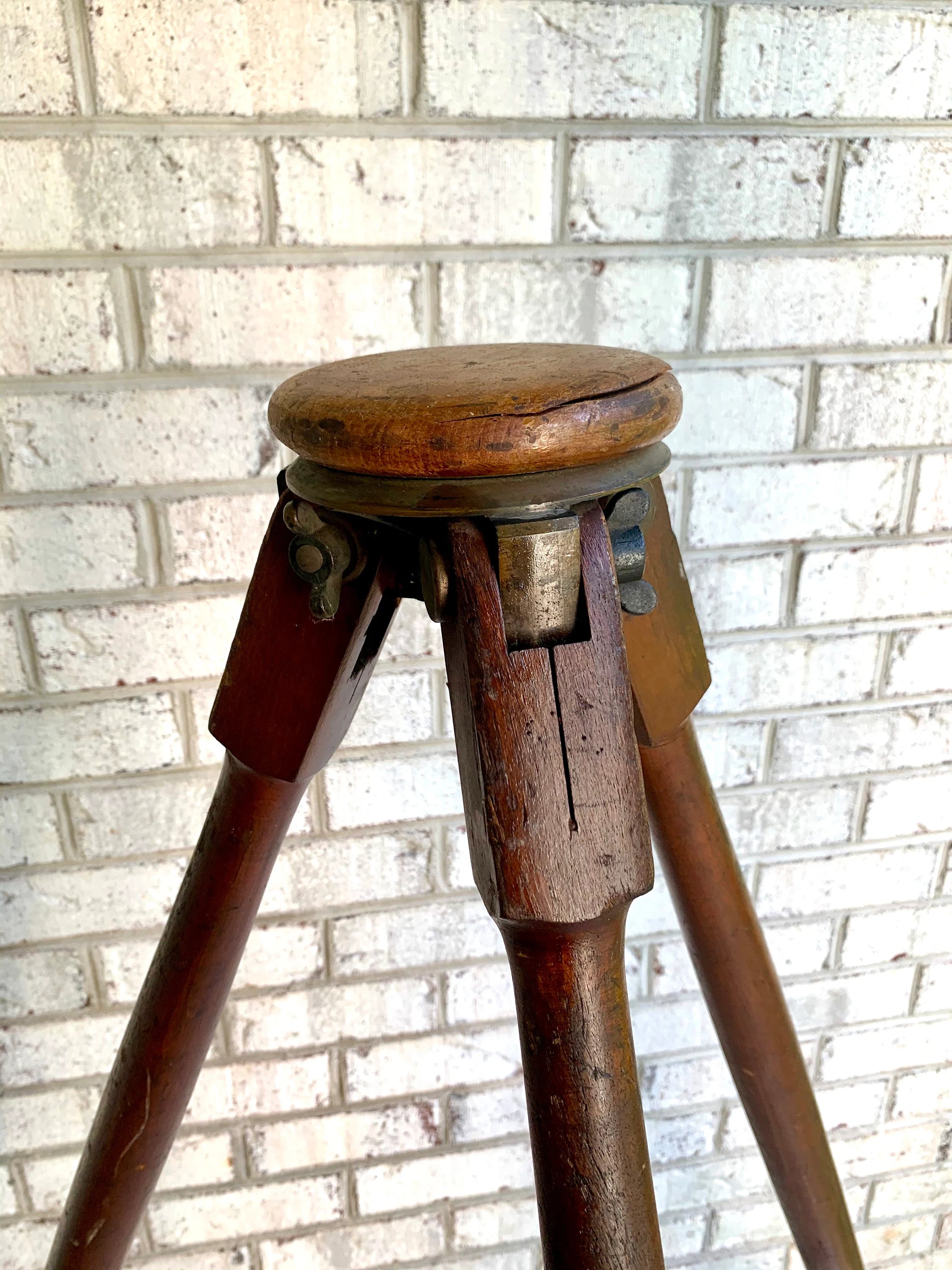 Antique Wooden Tripod | Wood and Brass Tall Tripod | Wooden Surveyor's Tripod