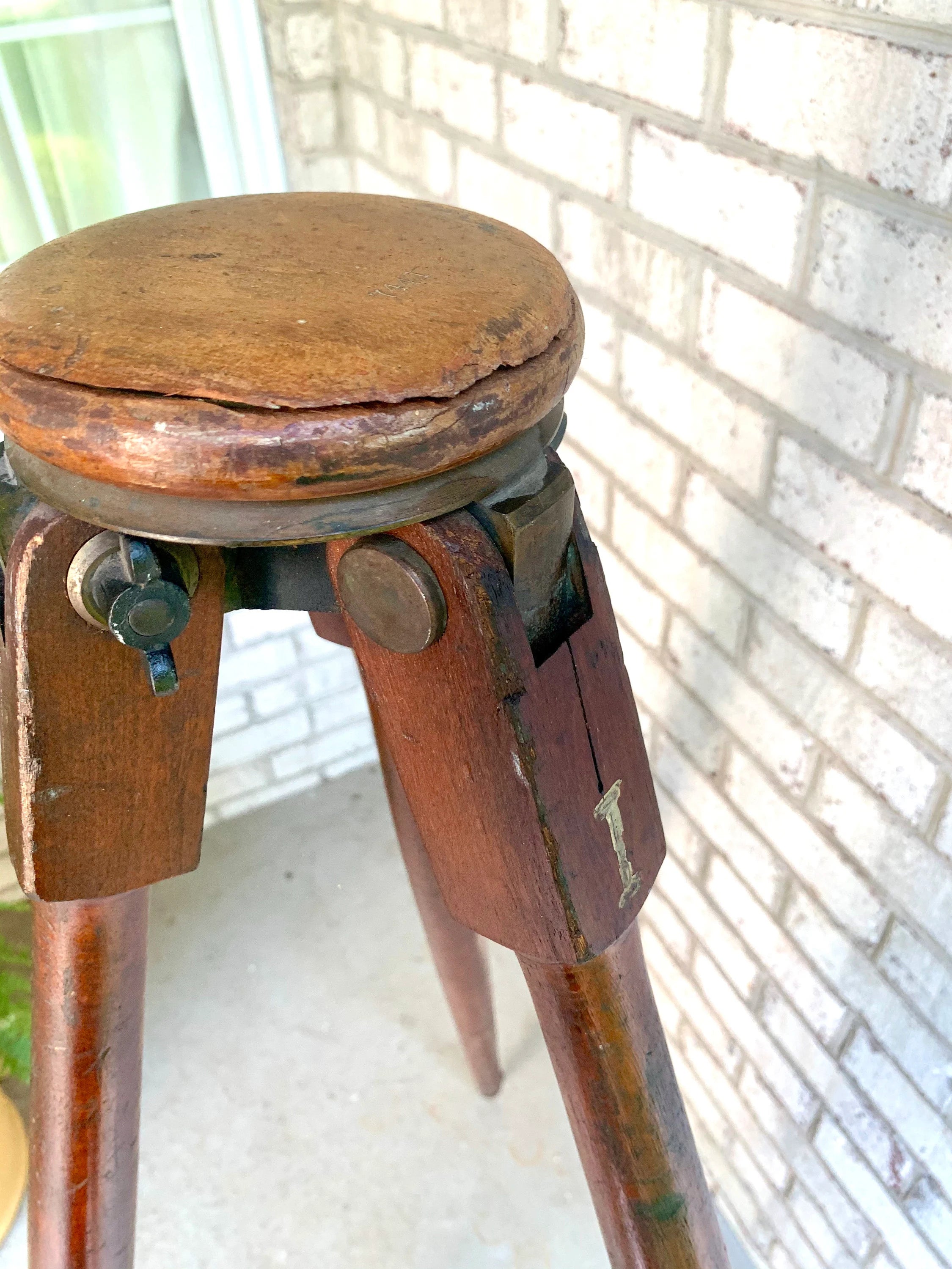 Antique Wooden Tripod | Wood and Brass Tall Tripod | Wooden Surveyor's Tripod