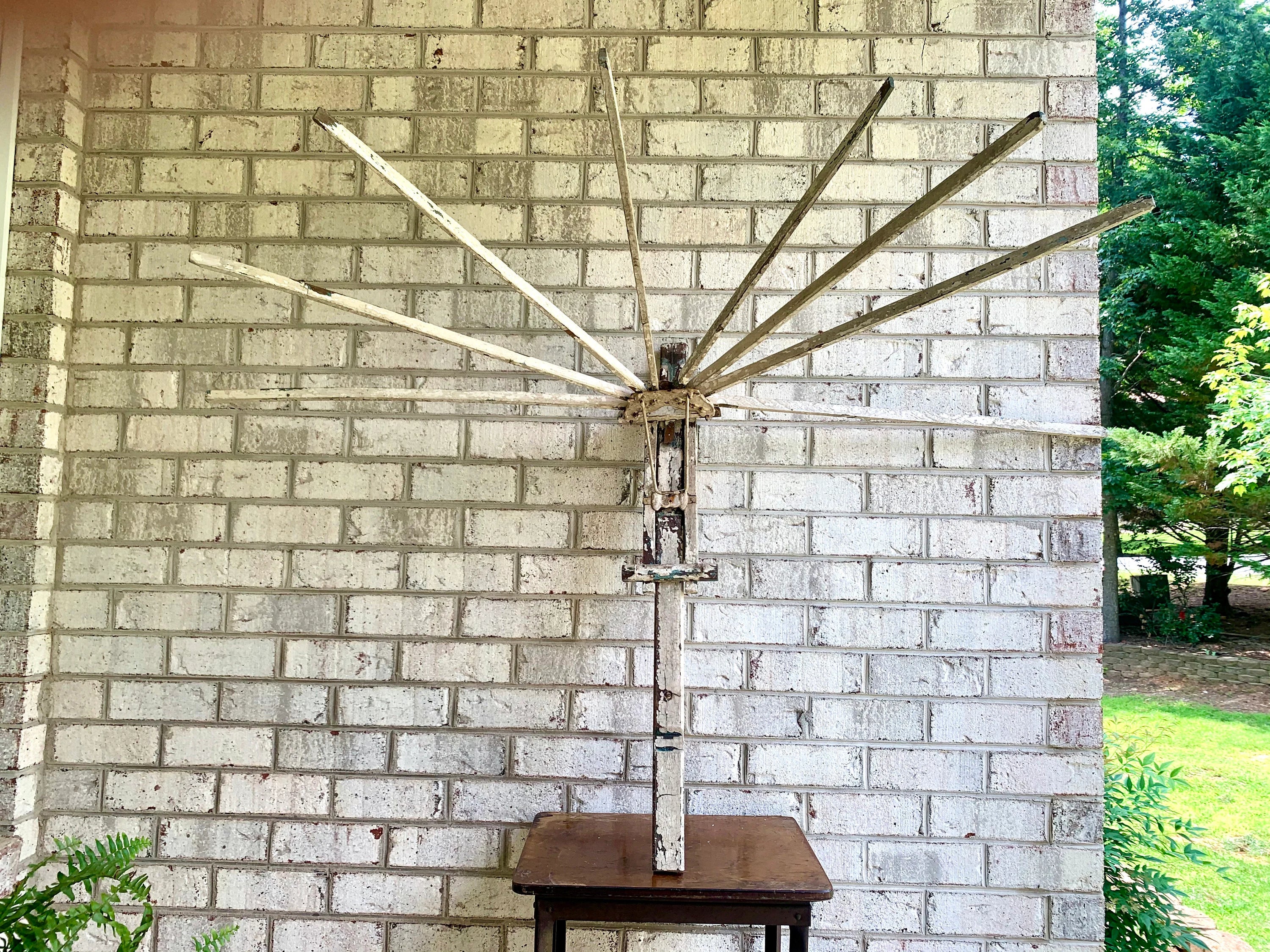 Late 1800's Distressed Clothes Drying Rack | L. Hopkins Wall Hanging Clothes Rack | Wooden Armed Clothes Rack| Chippy Paint Wood Towel Rack