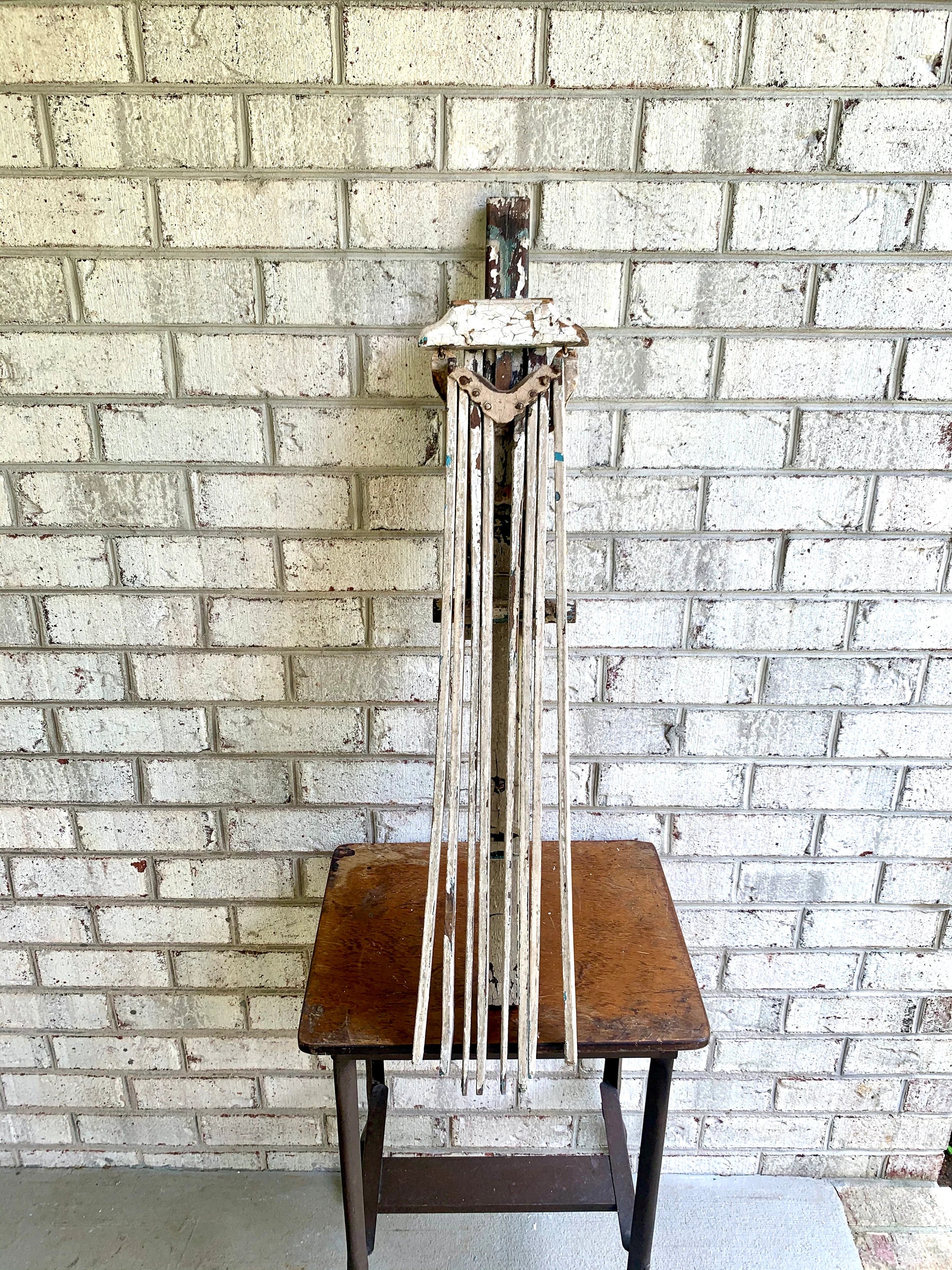 Late 1800's Distressed Clothes Drying Rack | L. Hopkins Wall Hanging Clothes Rack | Wooden Armed Clothes Rack| Chippy Paint Wood Towel Rack
