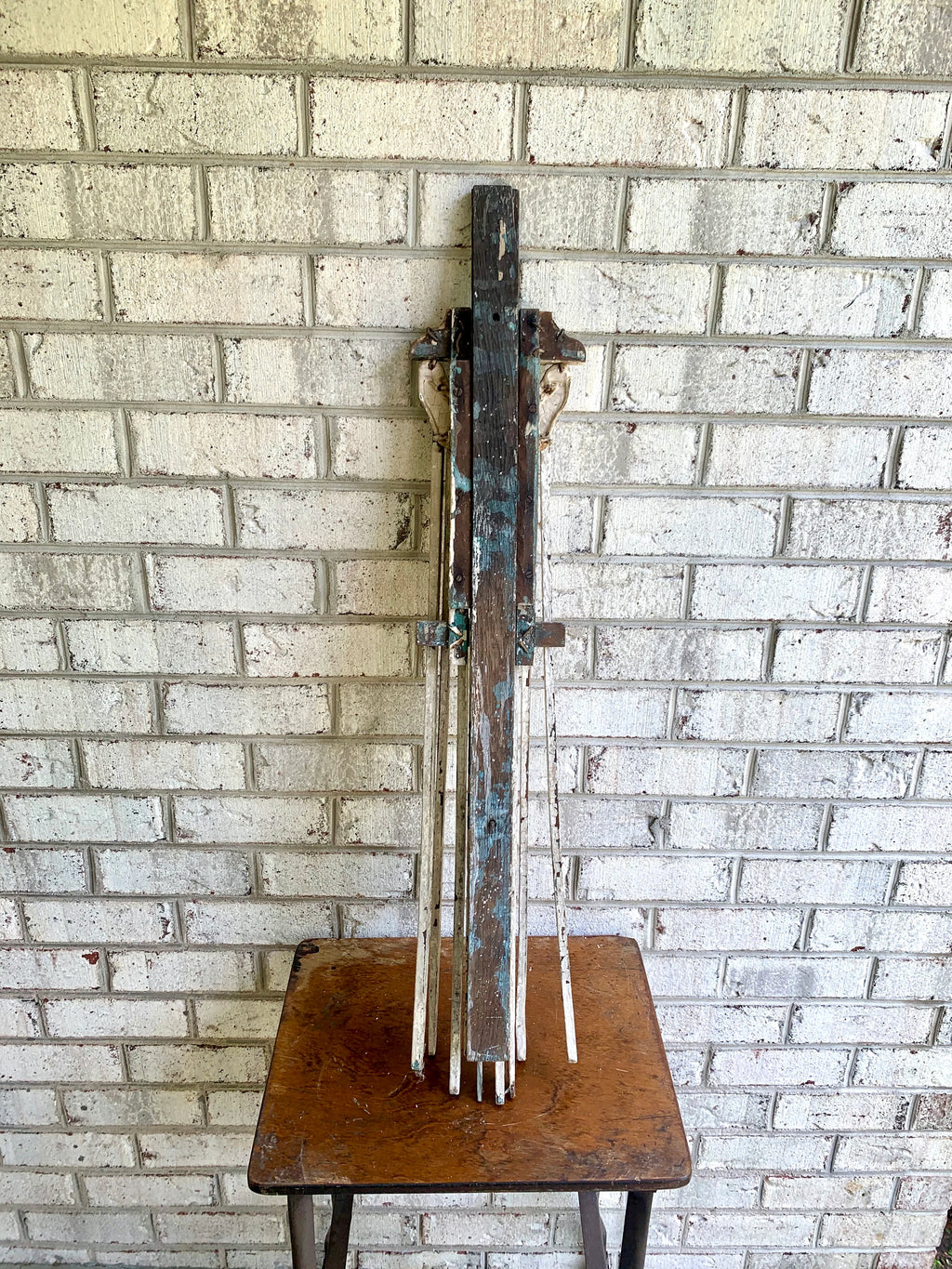 Late 1800's Distressed Clothes Drying Rack | L. Hopkins Wall Hanging Clothes Rack | Wooden Armed Clothes Rack| Chippy Paint Wood Towel Rack