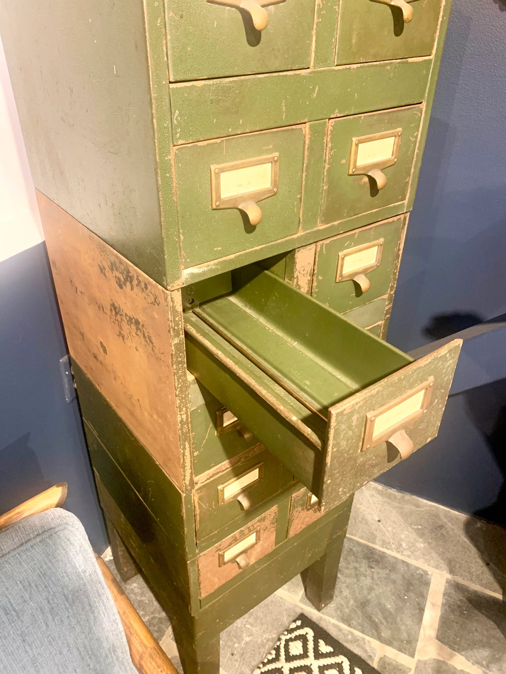 Vtg Rustic Industrial Parts Bin Cabinet | Metal Index Card Cabinet | Stackable Storage | Industrial Storage Bin | Library Card Cabinet