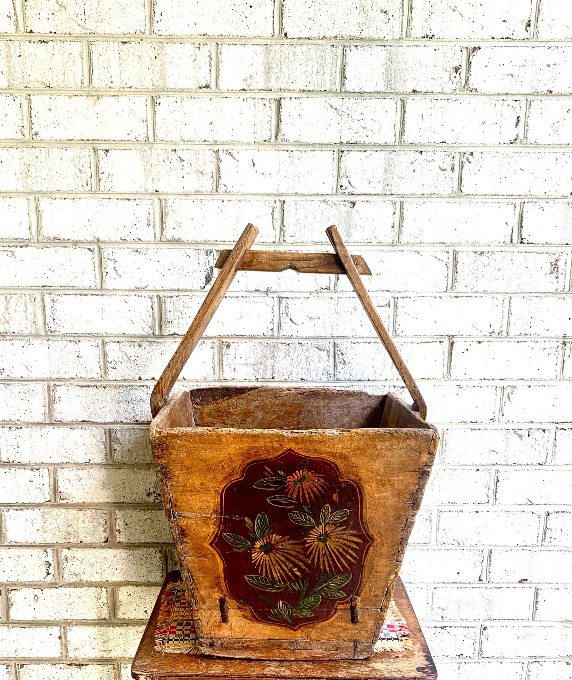Antique Chinese Wood Gathering Basket | Asian Hand Painted Wood Basket | Rice Harvest Basket | Primitive Wood Basket with Handle