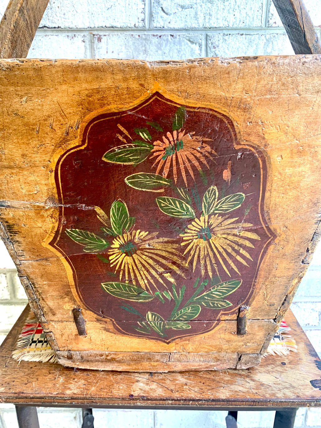 Antique Chinese Wood Gathering Basket | Asian Hand Painted Wood Basket | Rice Harvest Basket | Primitive Wood Basket with Handle