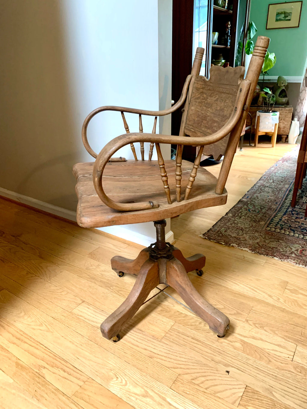 Rustic Solid Wood Desk Chair | Primitive Wooden Swivel Chair | Antique Swivel Office Chair | Distressed Adjustable Chair