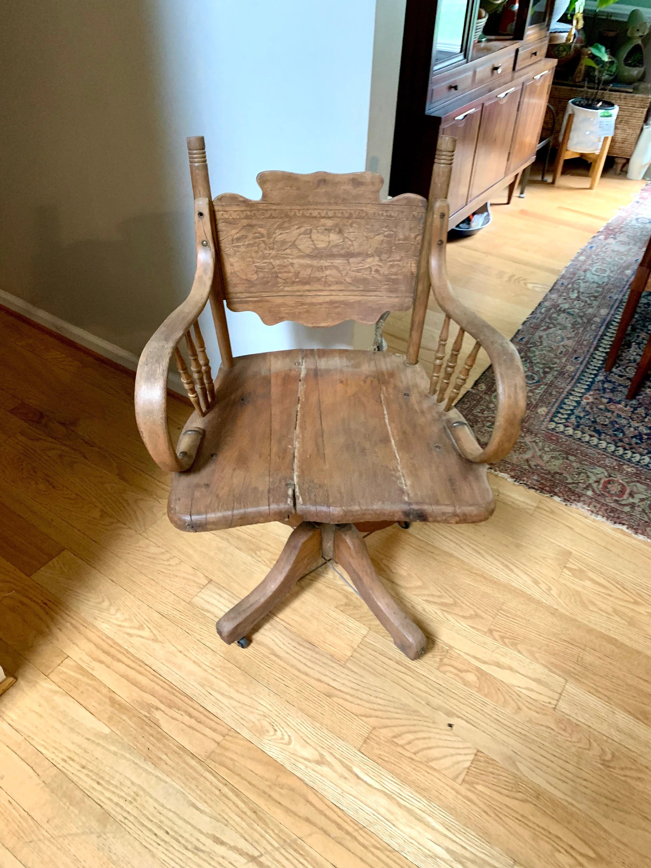 Rustic Solid Wood Desk Chair | Primitive Wooden Swivel Chair | Antique Swivel Office Chair | Distressed Adjustable Chair