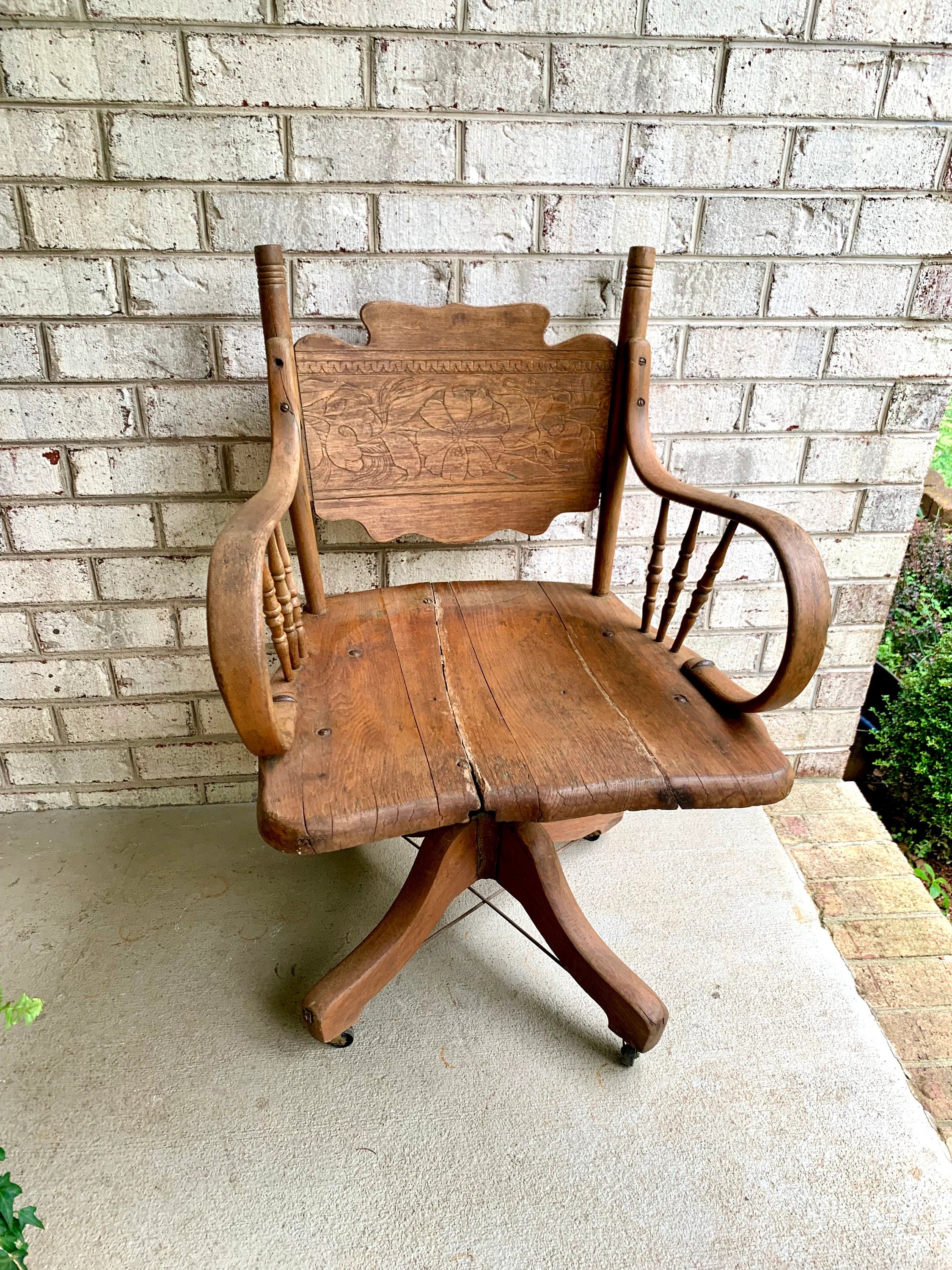 Rustic Solid Wood Desk Chair | Primitive Wooden Swivel Chair | Antique Swivel Office Chair | Distressed Adjustable Chair
