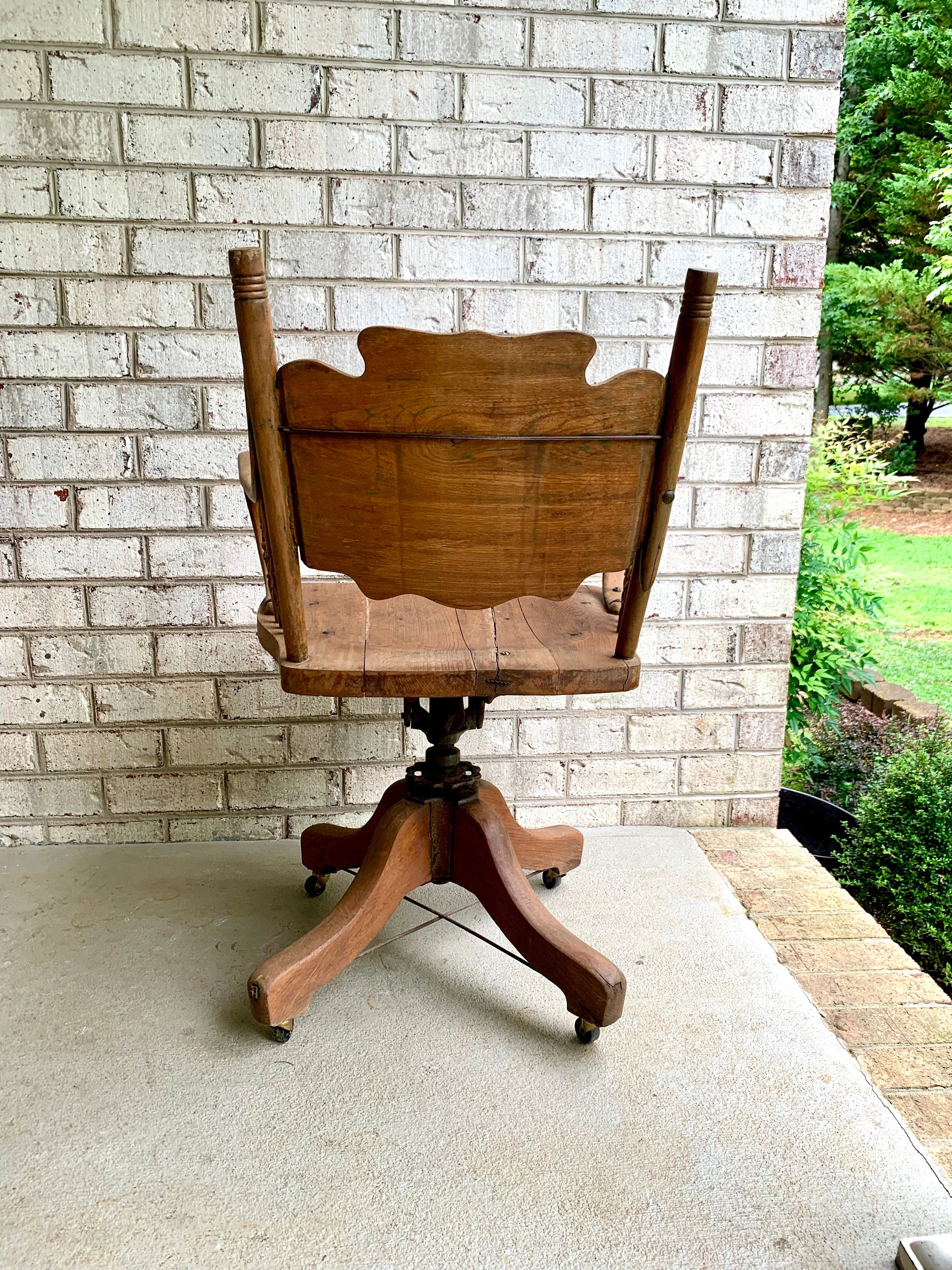 Rustic Solid Wood Desk Chair | Primitive Wooden Swivel Chair | Antique Swivel Office Chair | Distressed Adjustable Chair