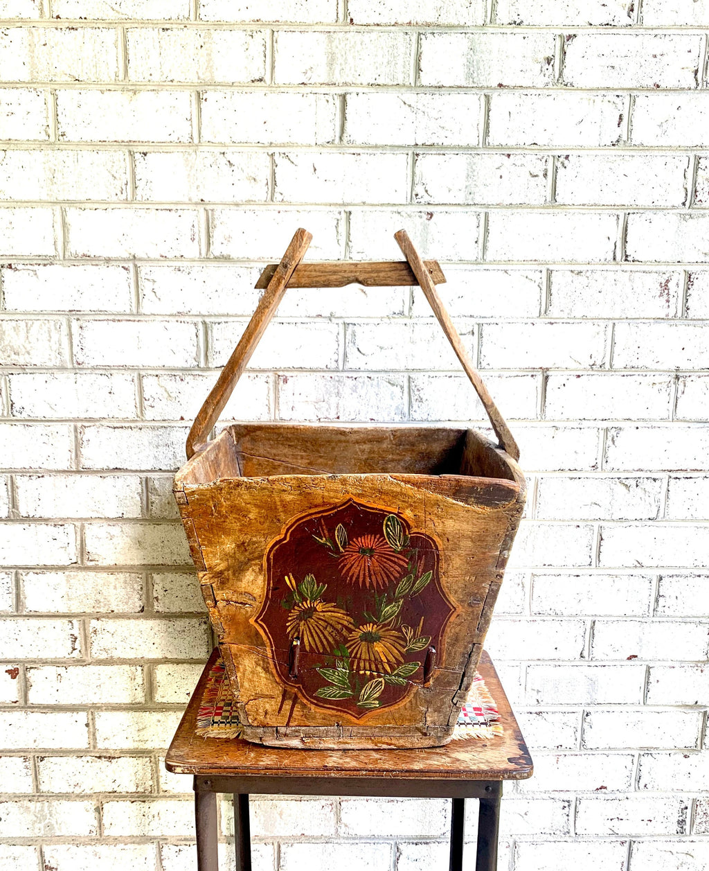 Antique Chinese Wood Gathering Basket | Asian Hand Painted Wood Basket | Rice Harvest Basket | Primitive Wood Basket with Handle