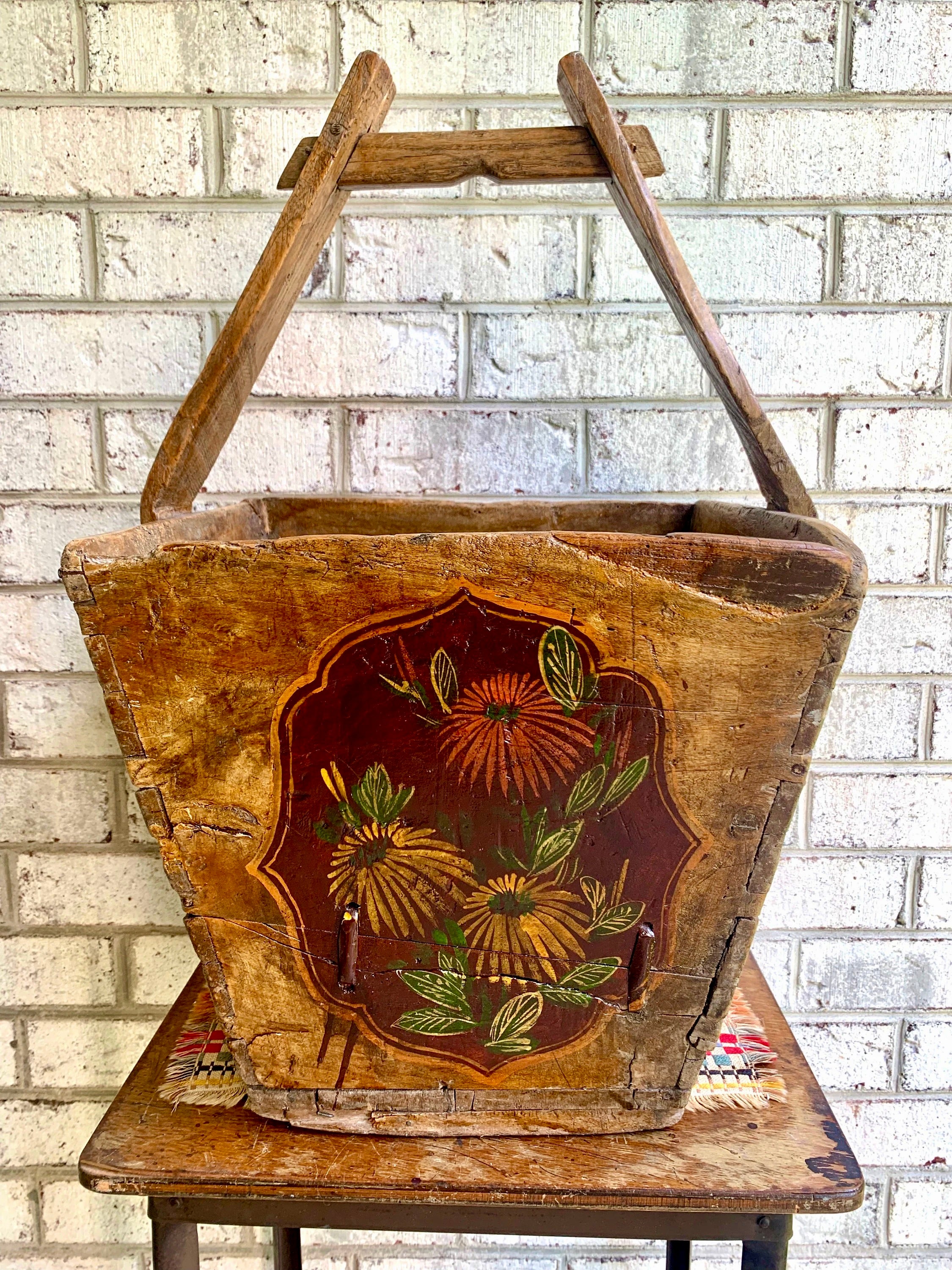 Antique Chinese Wood Gathering Basket | Asian Hand Painted Wood Basket | Rice Harvest Basket | Primitive Wood Basket with Handle