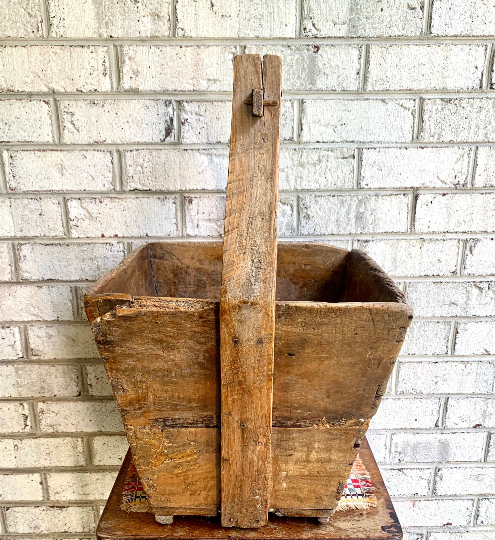 Antique Chinese Wood Gathering Basket | Asian Hand Painted Wood Basket | Rice Harvest Basket | Primitive Wood Basket with Handle