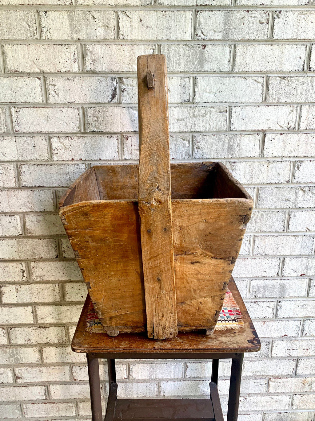 Antique Chinese Wood Gathering Basket | Asian Hand Painted Wood Basket | Rice Harvest Basket | Primitive Wood Basket with Handle