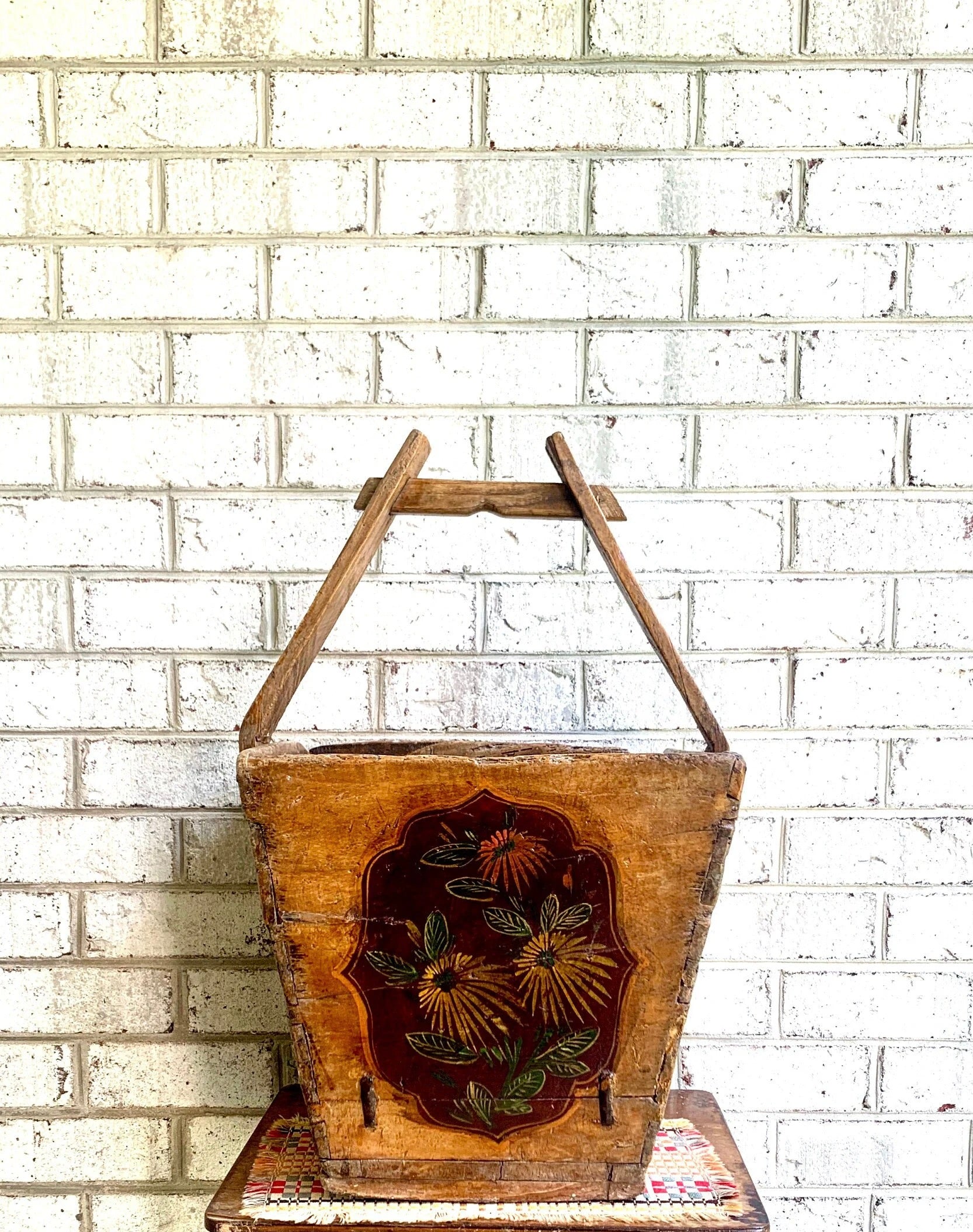 Antique Chinese Wood Gathering Basket | Asian Hand Painted Wood Basket | Rice Harvest Basket | Primitive Wood Basket with Handle