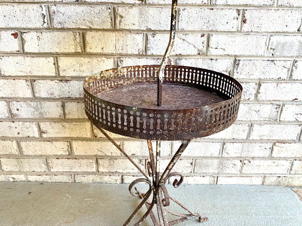 Distressed Metal Two Tier Plant Stand | MCM Rustic Display Stand | Distressed Metal Wire Plant Stand | Vintage Wrought Iron Display Stand