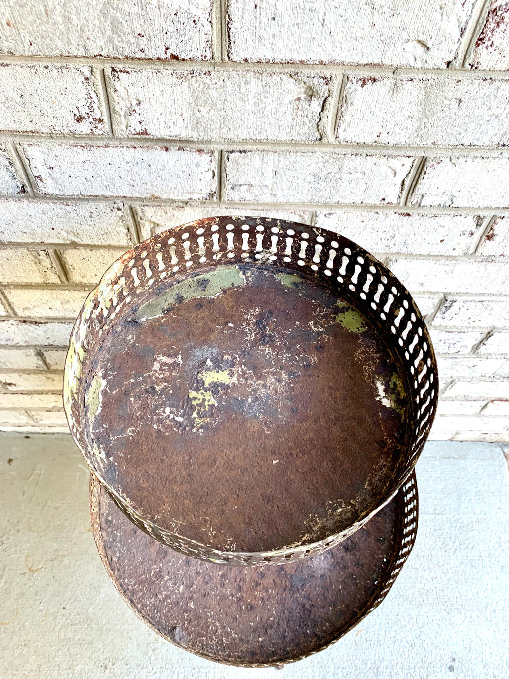 Distressed Metal Two Tier Plant Stand | MCM Rustic Display Stand | Distressed Metal Wire Plant Stand | Vintage Wrought Iron Display Stand