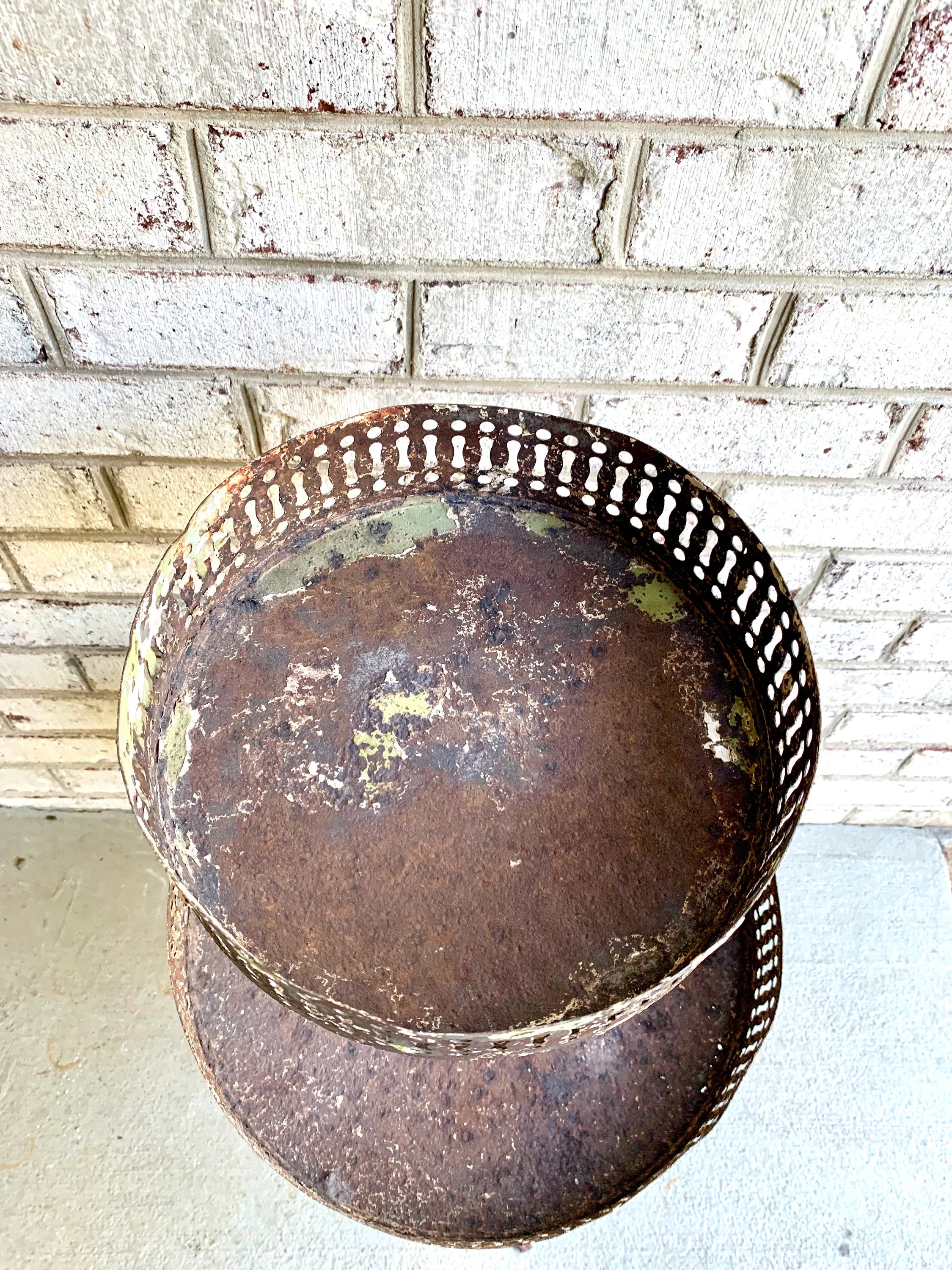 Distressed Metal Two Tier Plant Stand | MCM Rustic Display Stand | Distressed Metal Wire Plant Stand | Vintage Wrought Iron Display Stand