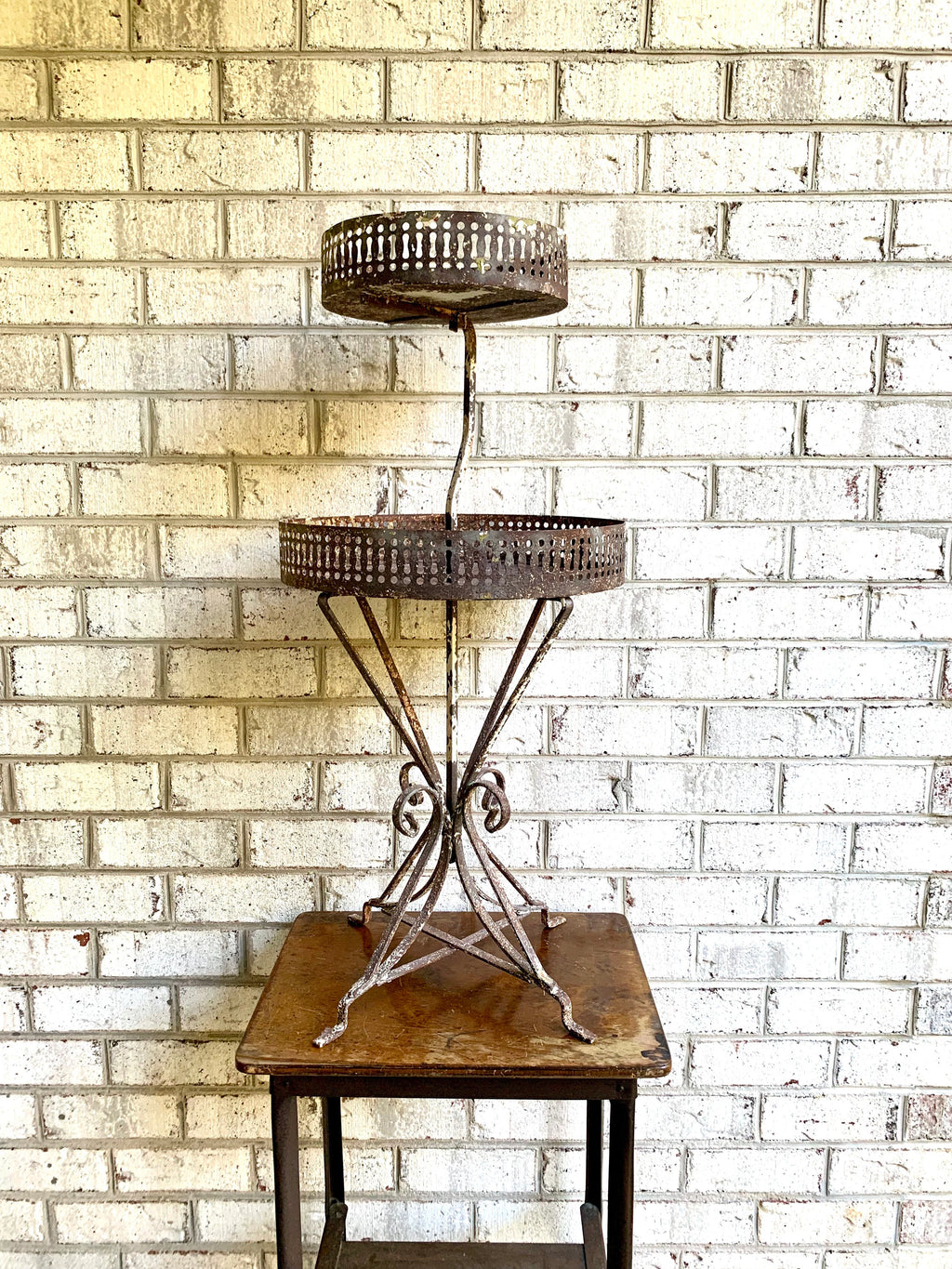 Distressed Metal Two Tier Plant Stand | MCM Rustic Display Stand | Distressed Metal Wire Plant Stand | Vintage Wrought Iron Display Stand